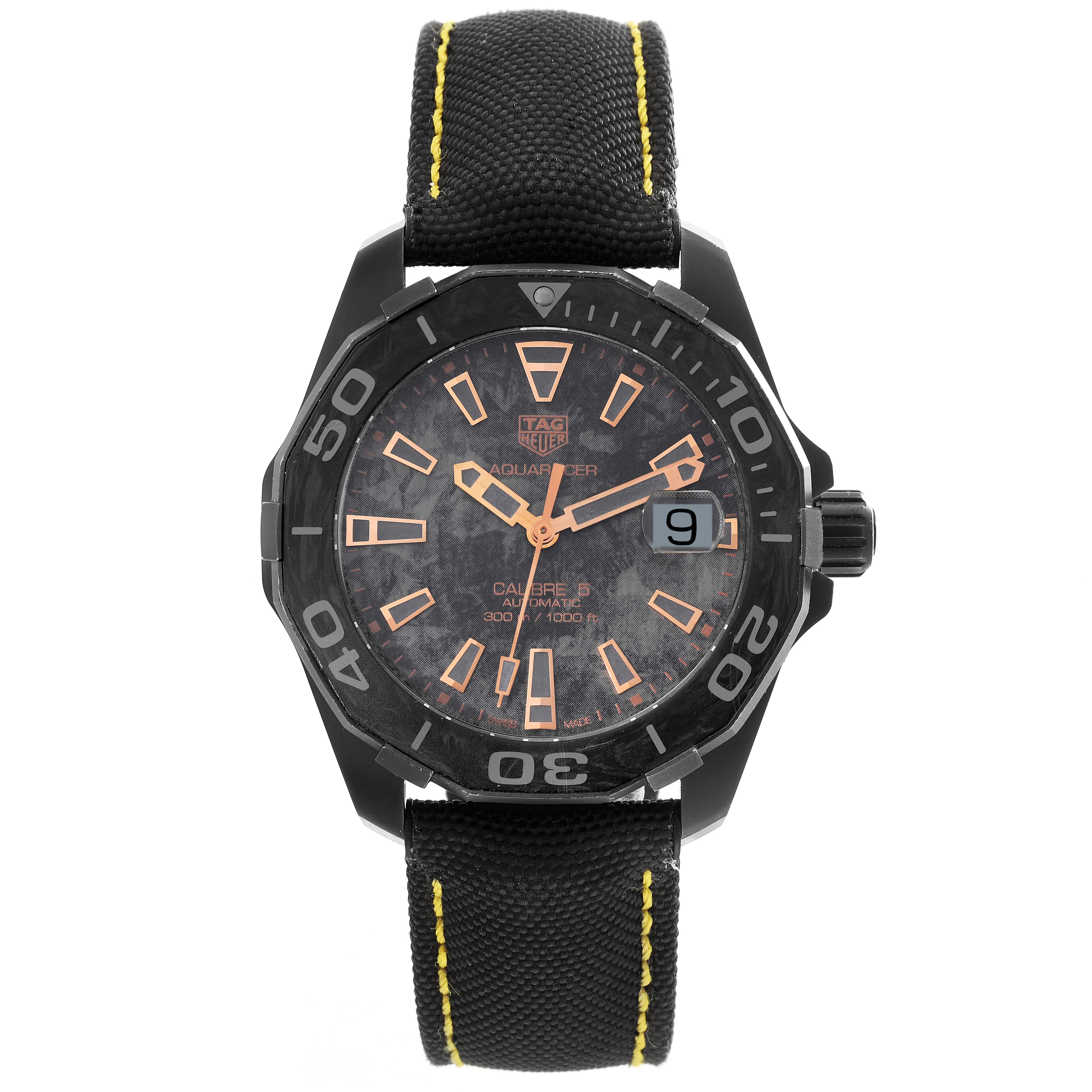 The image shows a front view of the Limited Edition Tag Heuer Aquaracer watch, highlighting the face, strap, and bezel.