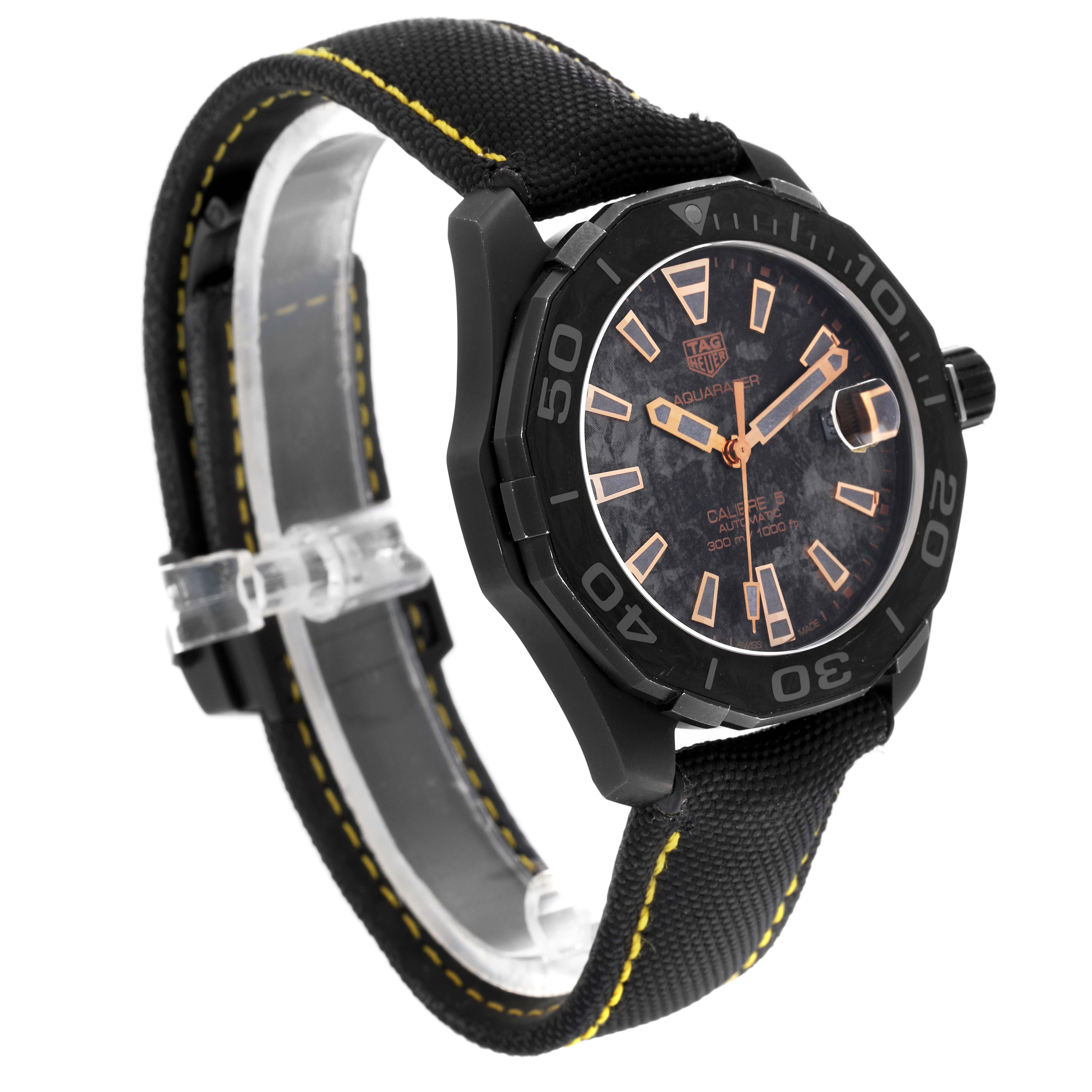 The image shows a side angle of the Tag Heuer Limited Edition WBD218A.FC6445 Men's Titanium Black Dial WBD218A.FC6445 Men's Titanium Black Dial watch, highlighting its strap, case, bezel, and dial.