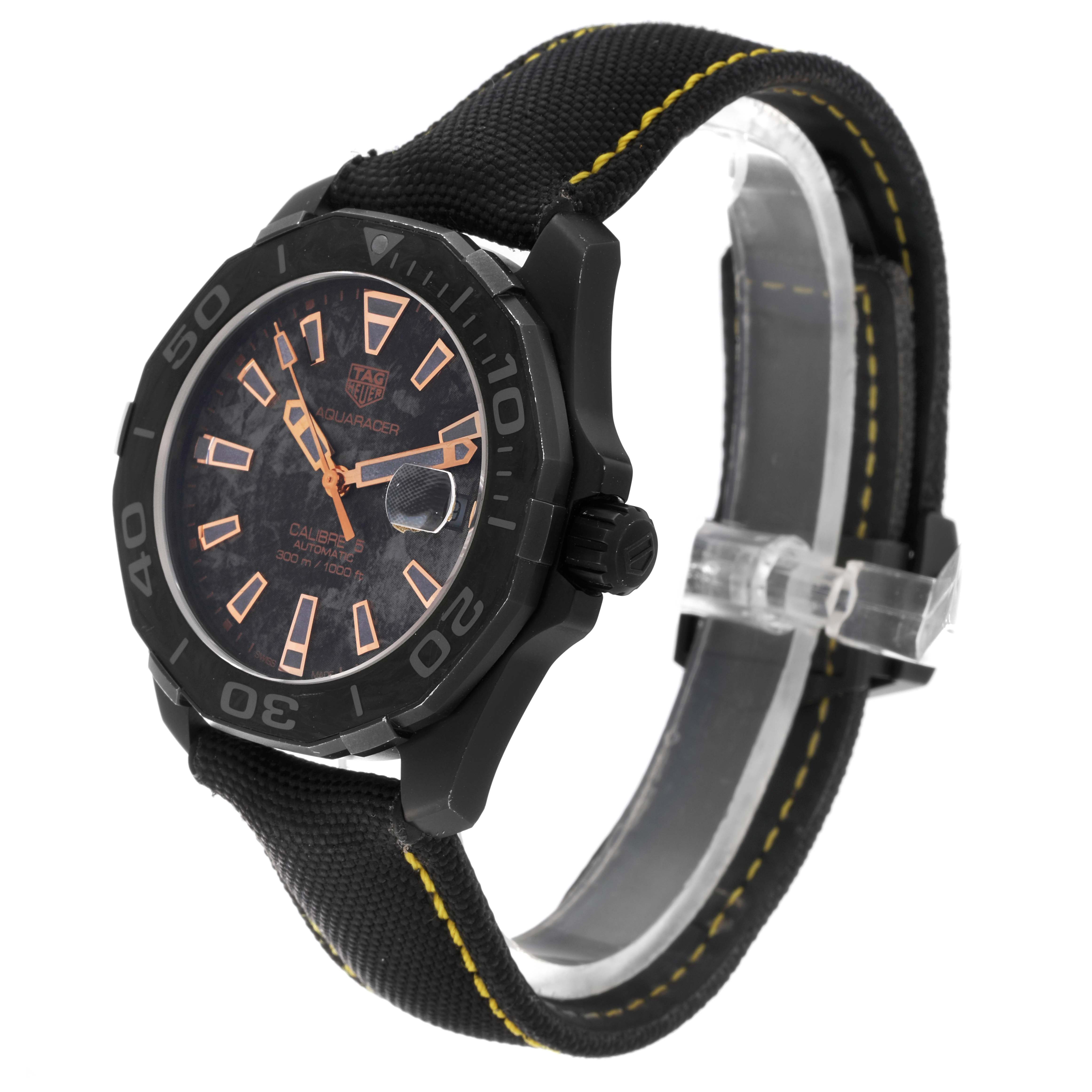 The image shows a side angle of the Tag Heuer Aquaracer Limited Edition watch with a detailed view of the face and strap.