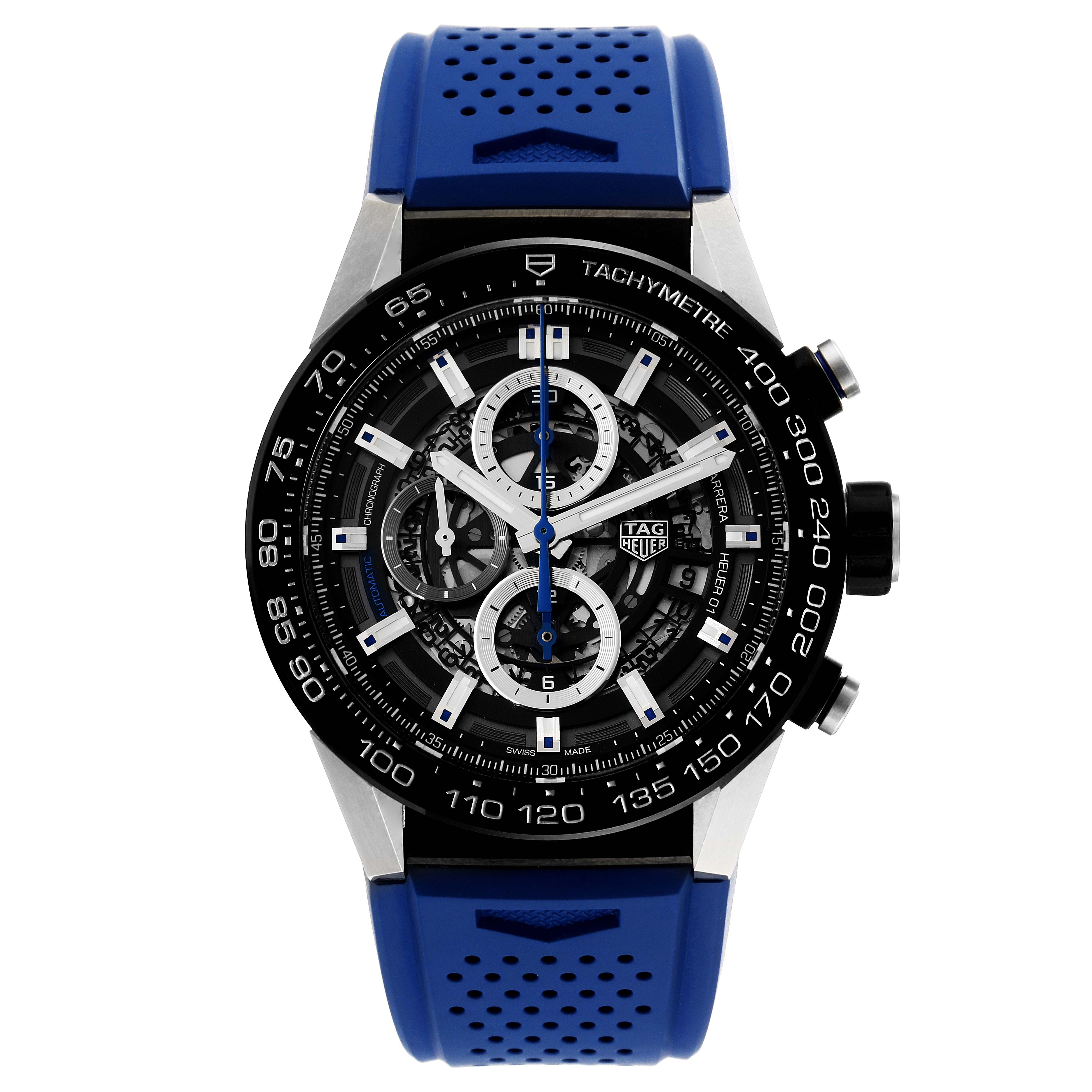 The image shows a frontal view of a Tag Heuer Carrera CAR2A1T Men's Titanium Black Dial CAR2A1T Men's Titanium Black Dial watch with a blue perforated strap.