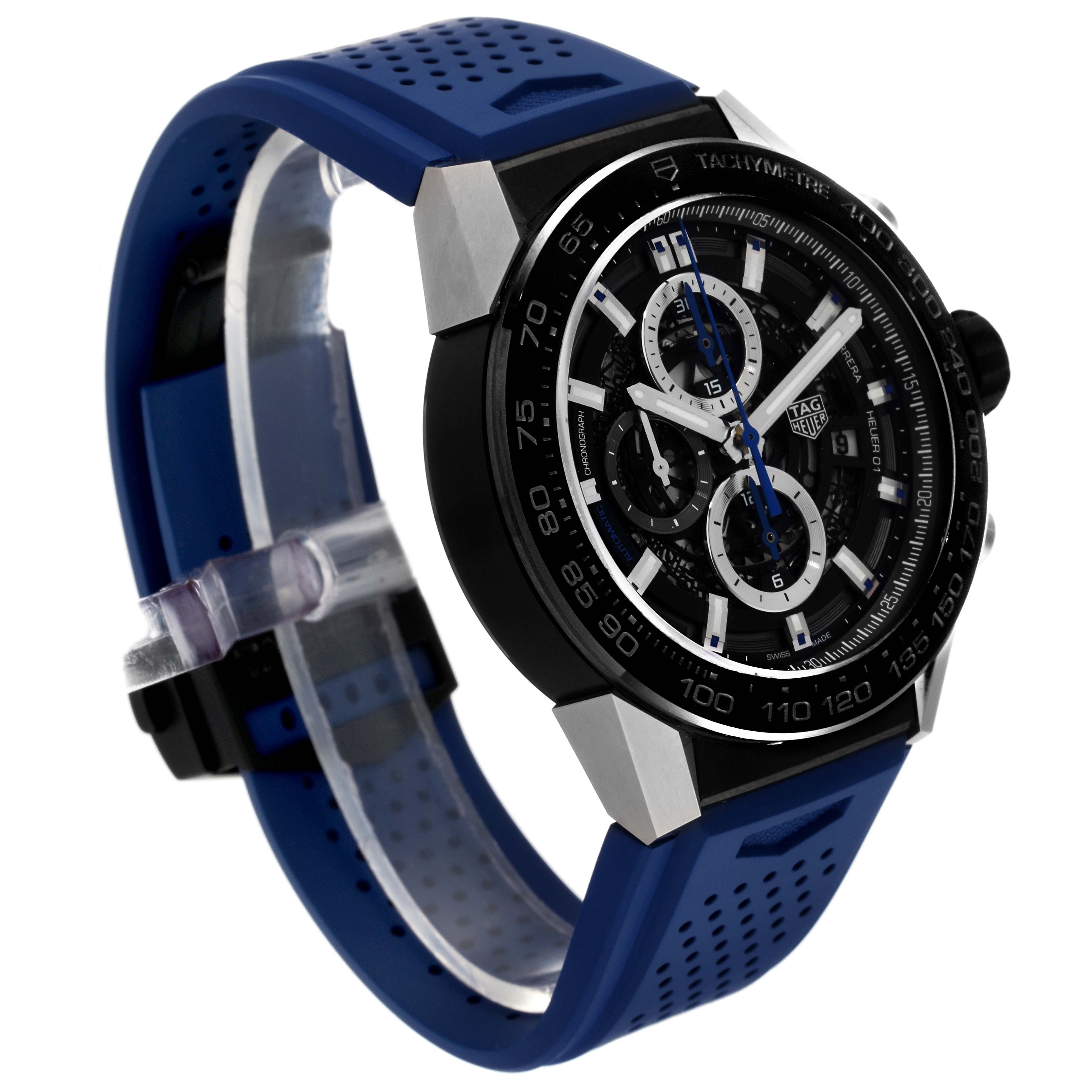 The Tag Heuer Carrera CAR2A1T Men's Titanium Black Dial CAR2A1T Men's Titanium Black Dial model is shown from a front-side angle, displaying the face, bezel, pushers, and blue strap.