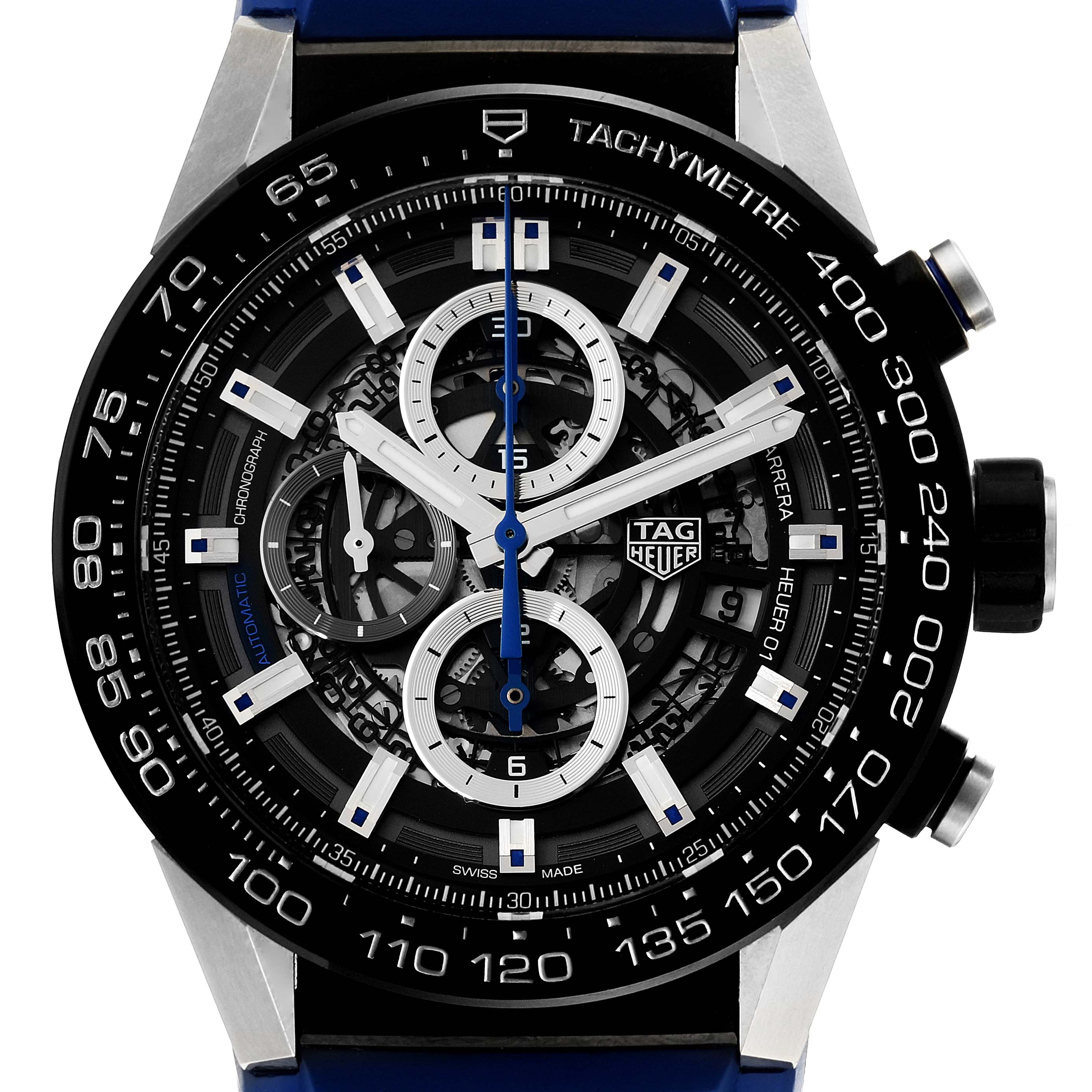 The image shows a front view of the Tag Heuer Carrera CAR2A1T Men's Titanium Black Dial CAR2A1T Men's Titanium Black Dial watch, highlighting its dial, hands, subdials, and tachymeter scale.