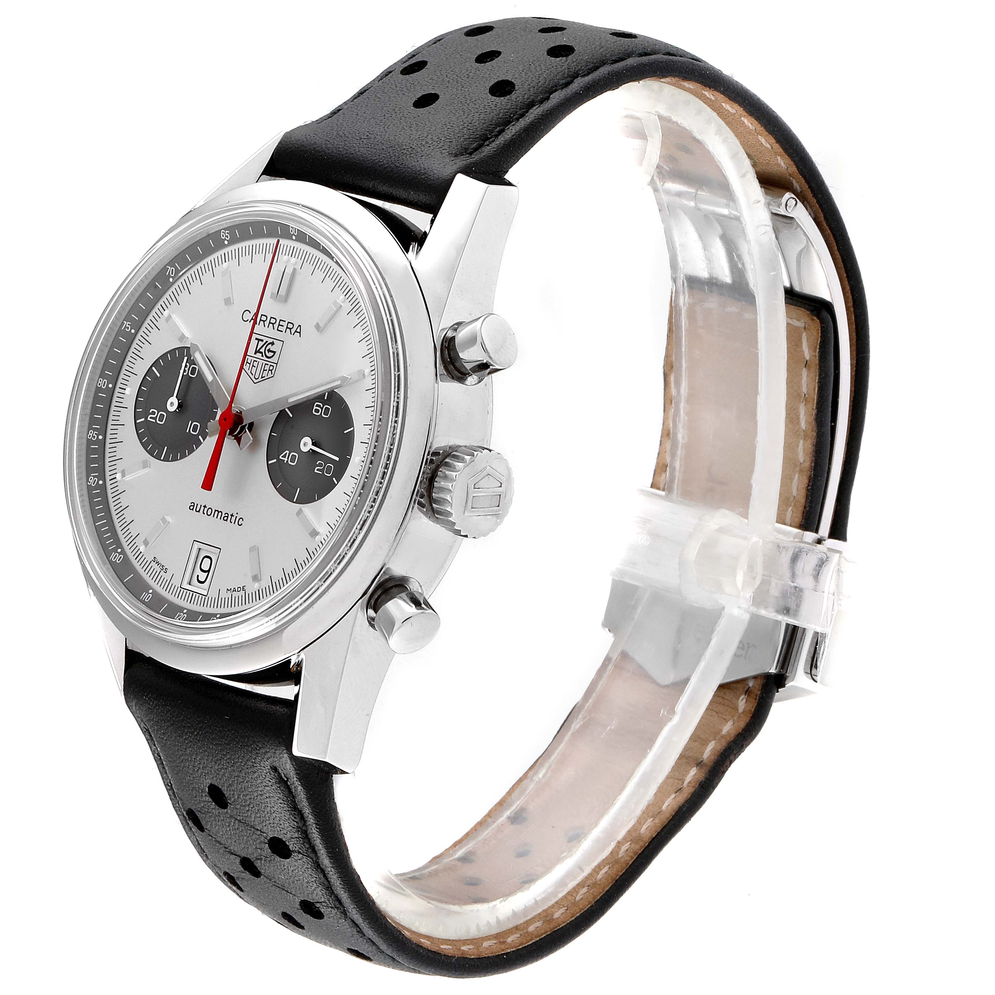 The image shows a side angle of the Tag Heuer Carrera Limited Edition watch, highlighting its dial, crown, pushers, and strap.