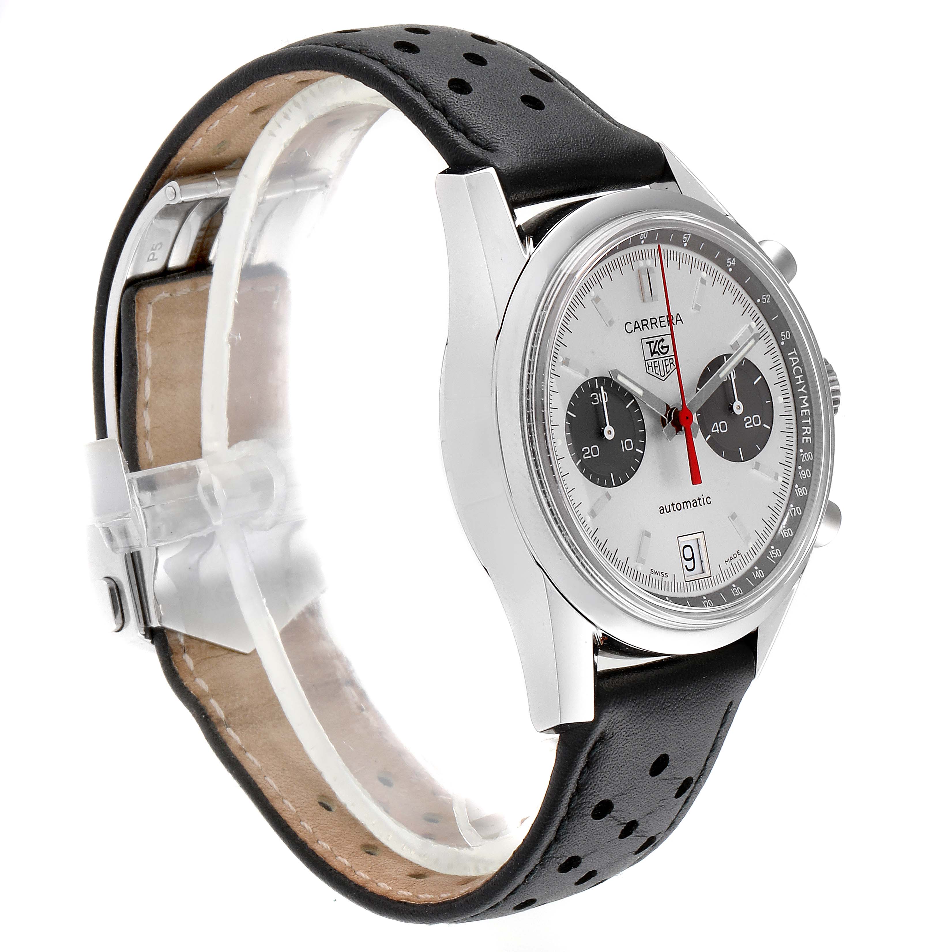 The image shows a slightly angled side and front view of the Tag Heuer Carrera Limited Edition watch, highlighting the case, dial, and strap.