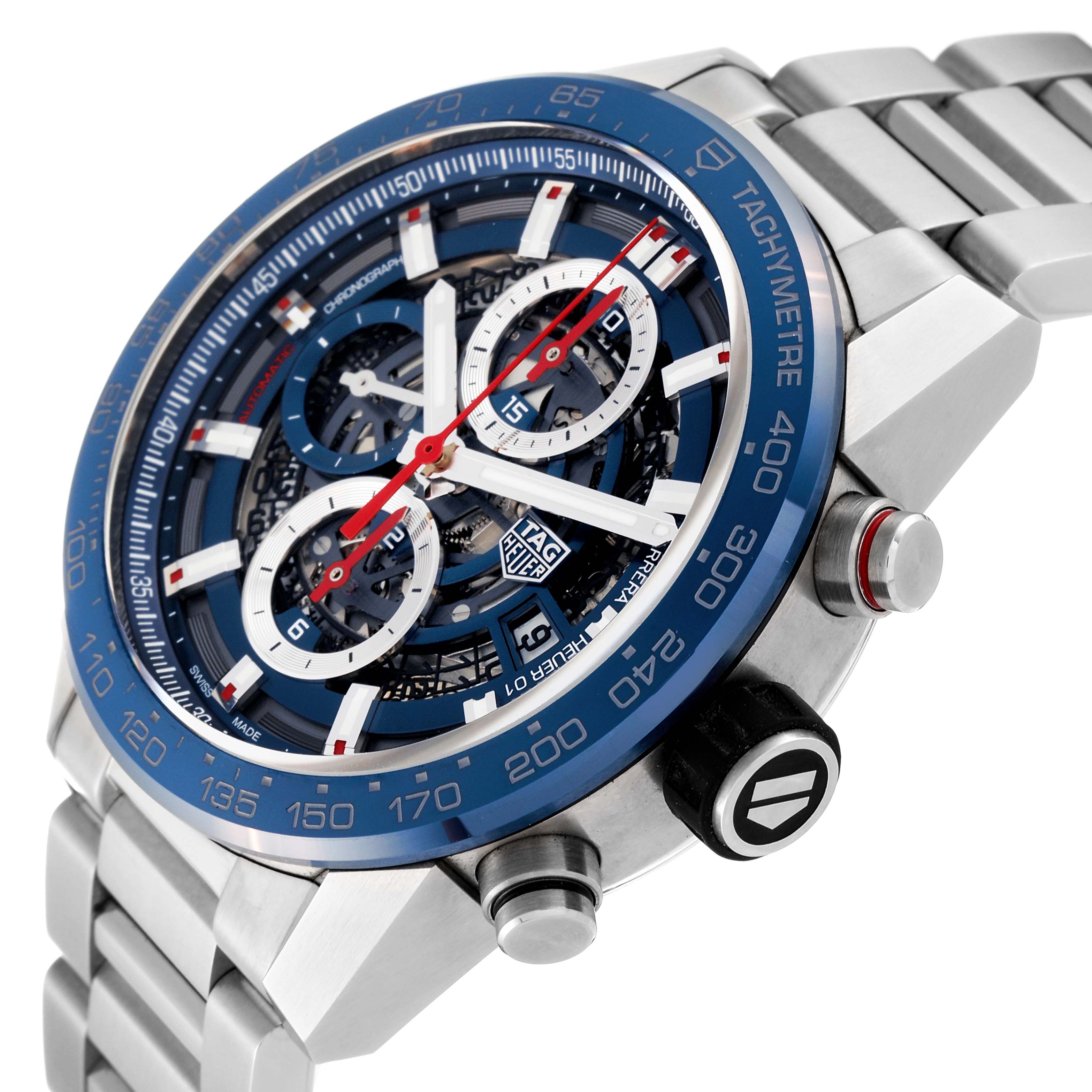 This Tag Heuer Carrera CAR201T.BA0766 Men's Stainless Steel Blue Dial CAR201T.BA0766 Men's Stainless Steel Blue Dial watch is shown angled from the top right, displaying the dial, bezel, crown, and part of the bracelet.