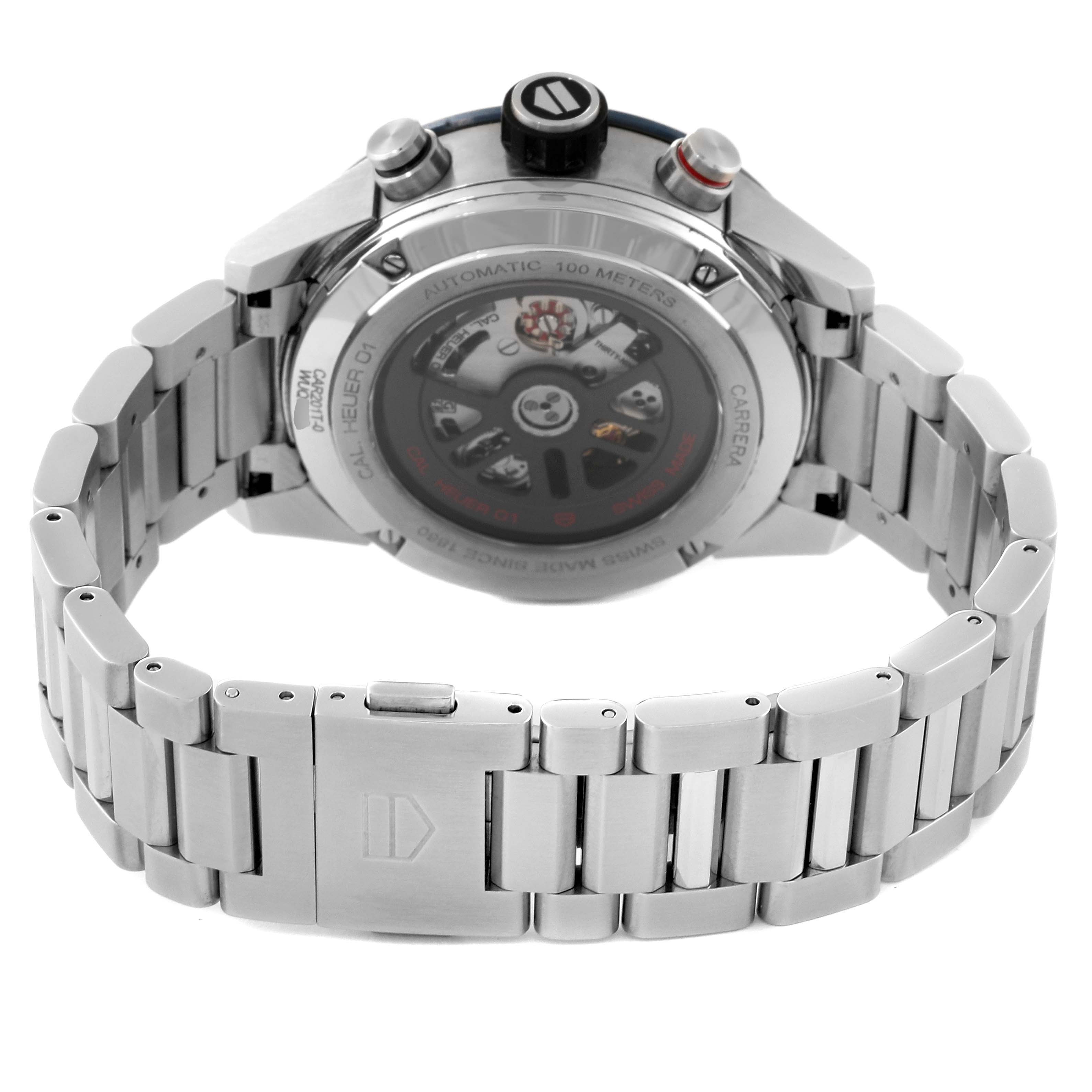 The image shows the Tag Heuer Carrera CAR201T.BA0766 Men's Stainless Steel Blue Dial CAR201T.BA0766 Men's Stainless Steel Blue Dial watch from a rear angle, highlighting the bracelet, clasp, case back, and crown.