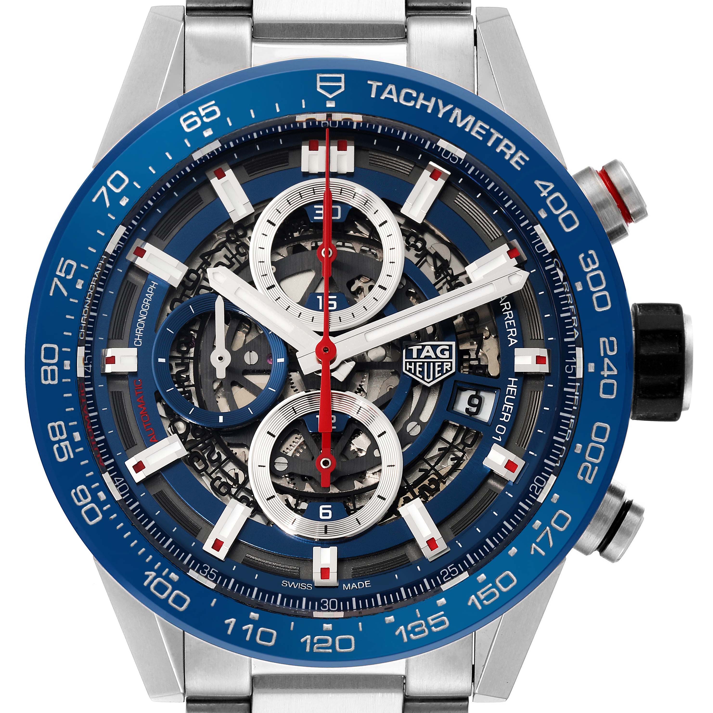 This Tag Heuer Carrera CAR201T.BA0766 Men's Stainless Steel Blue Dial CAR201T.BA0766 Men's Stainless Steel Blue Dial watch is shown from the front, highlighting the dial, tachymeter, sub-dials, and brand logo.