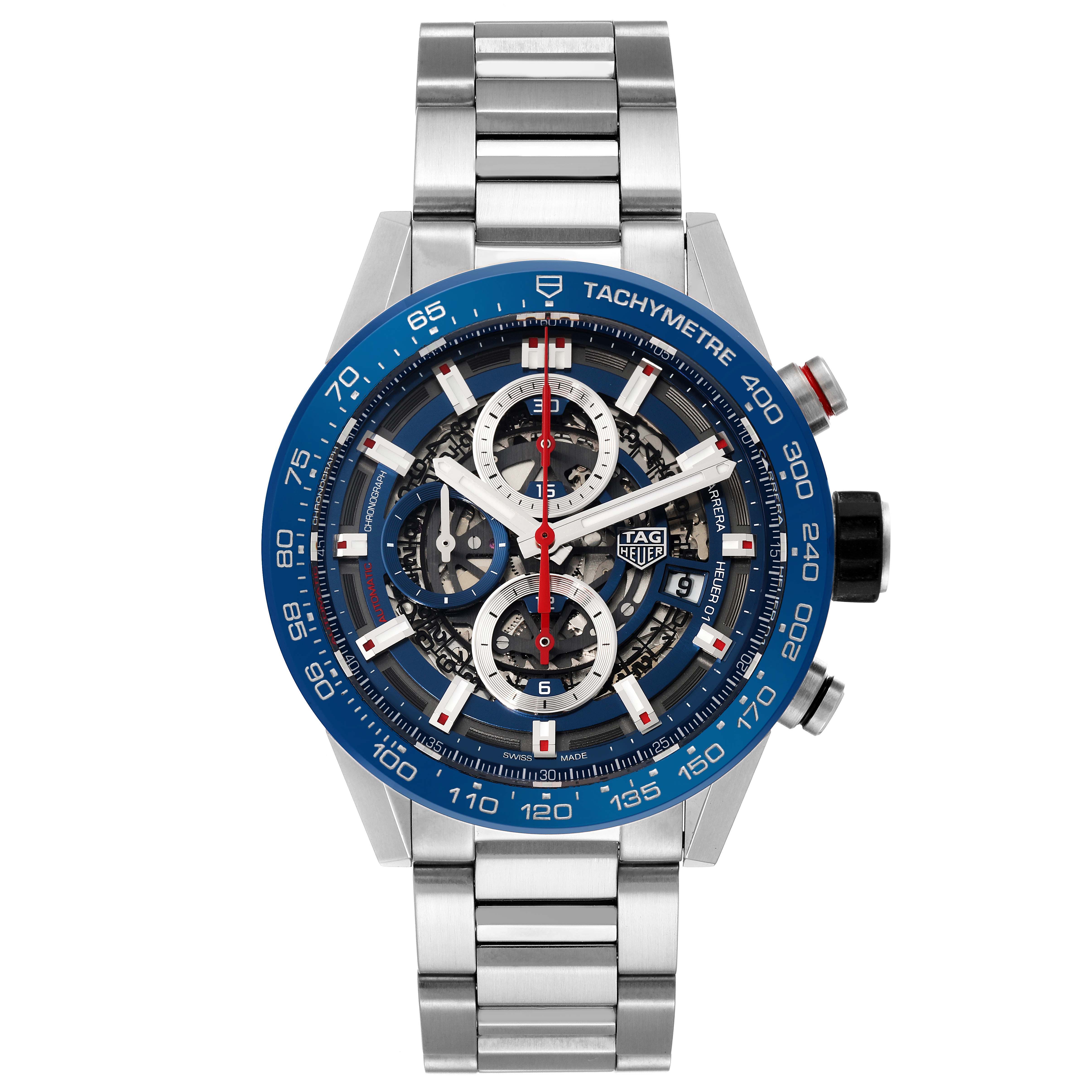 The image shows a front view of a Tag Heuer Carrera CAR201T.BA0766 Men's Stainless Steel Blue Dial CAR201T.BA0766 Men's Stainless Steel Blue Dial watch with a blue tachymeter bezel and a skeleton dial.