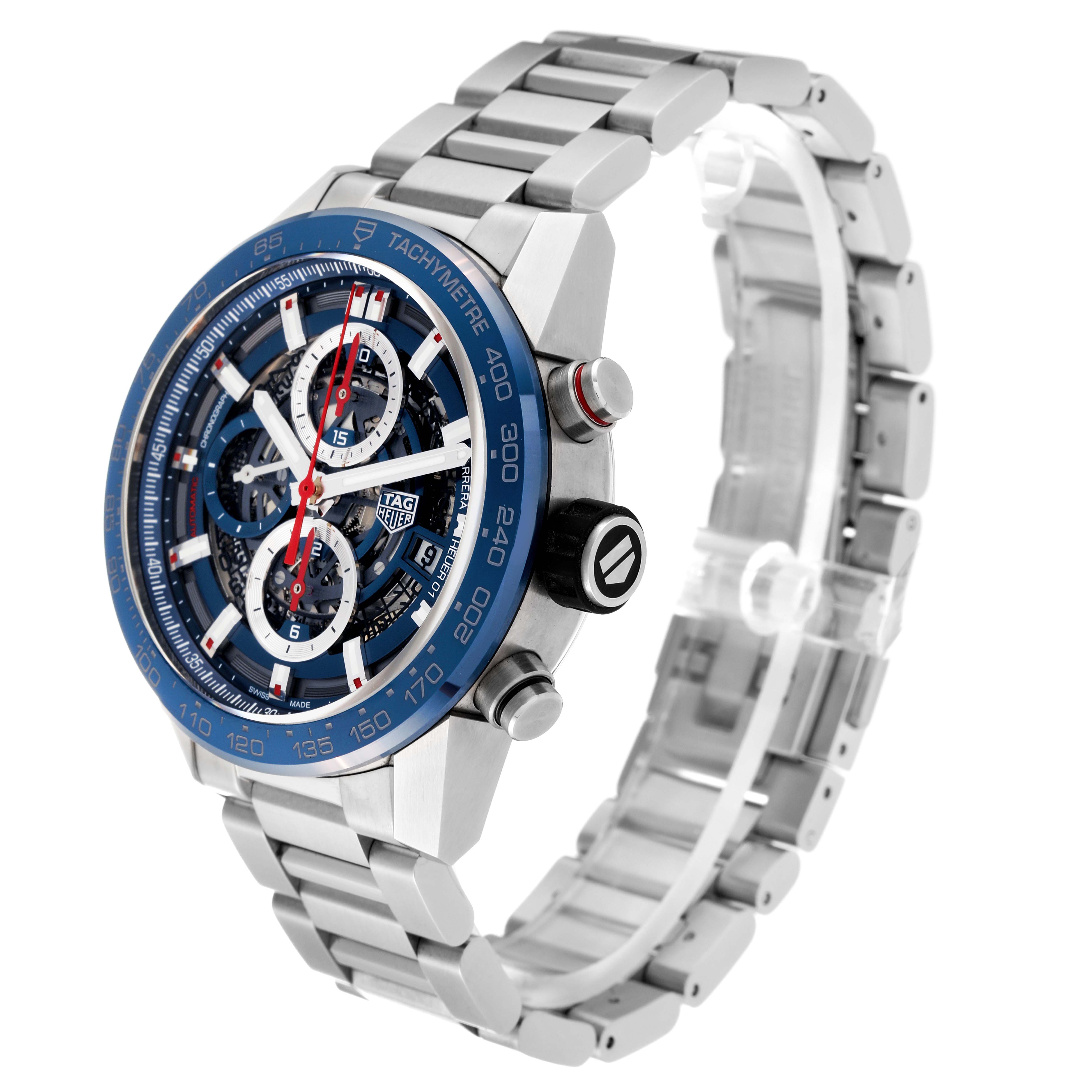 The image shows a side-front angle of the Tag Heuer Carrera CAR201T.BA0766 Men's Stainless Steel Blue Dial CAR201T.BA0766 Men's Stainless Steel Blue Dial model watch, detailing its face, tachymeter, and metal bracelet.