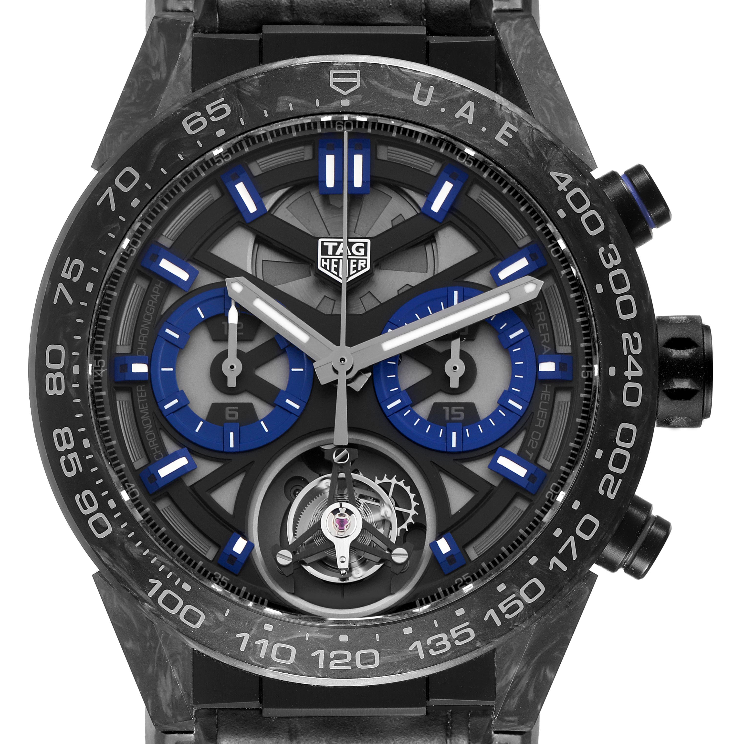 The Tag Heuer Carrera CAR5A8AJ.FC6415 Men's Titanium Black Dial CAR5A8AJ.FC6415 Men's Titanium Black Dial watch is shown from a front view, highlighting the dial, hands, subdials, and bezel.