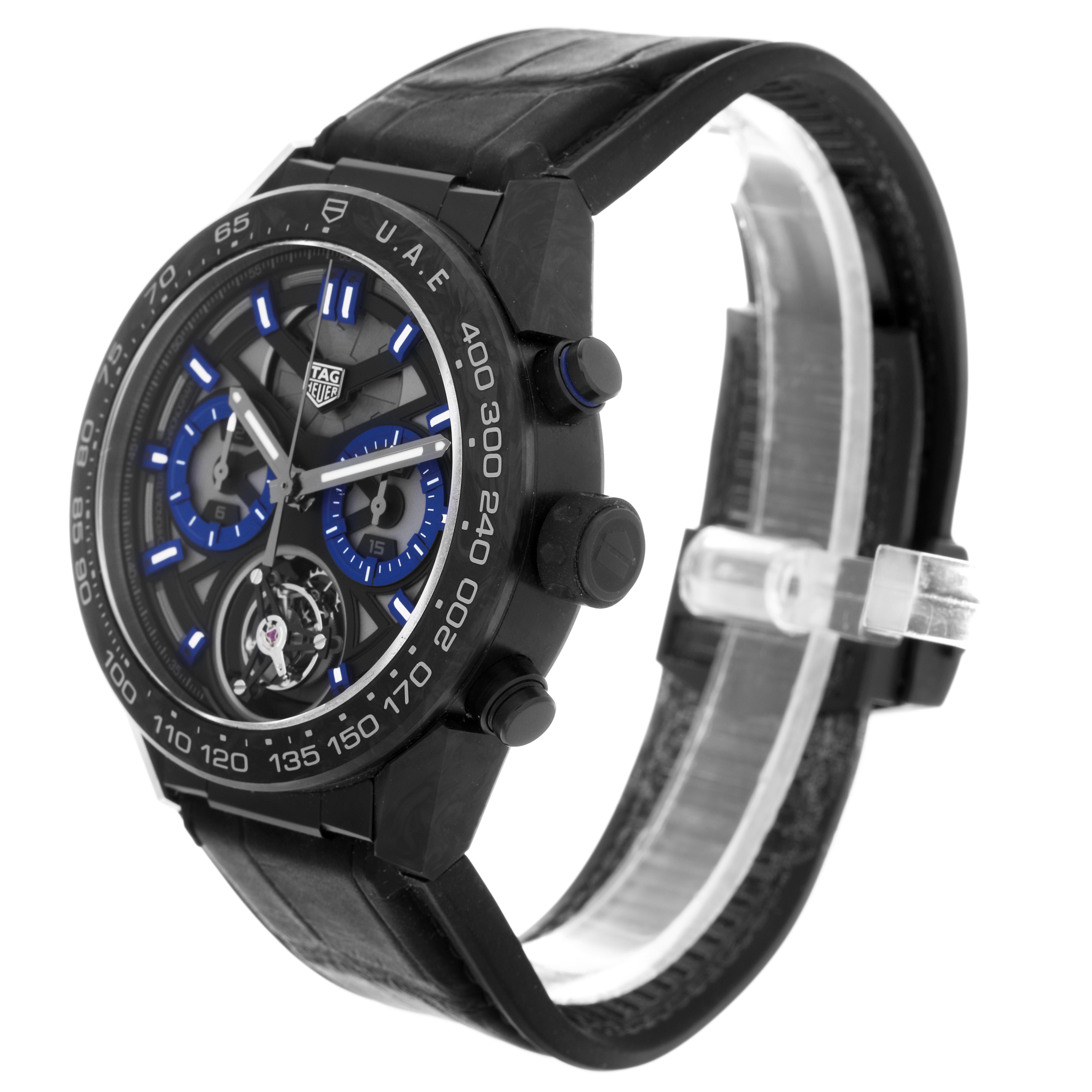 The Tag Heuer Carrera CAR5A8AJ.FC6415 Men's Titanium Black Dial CAR5A8AJ.FC6415 Men's Titanium Black Dial watch is shown at a three-quarter angle, highlighting the face, bezel, and side buttons.