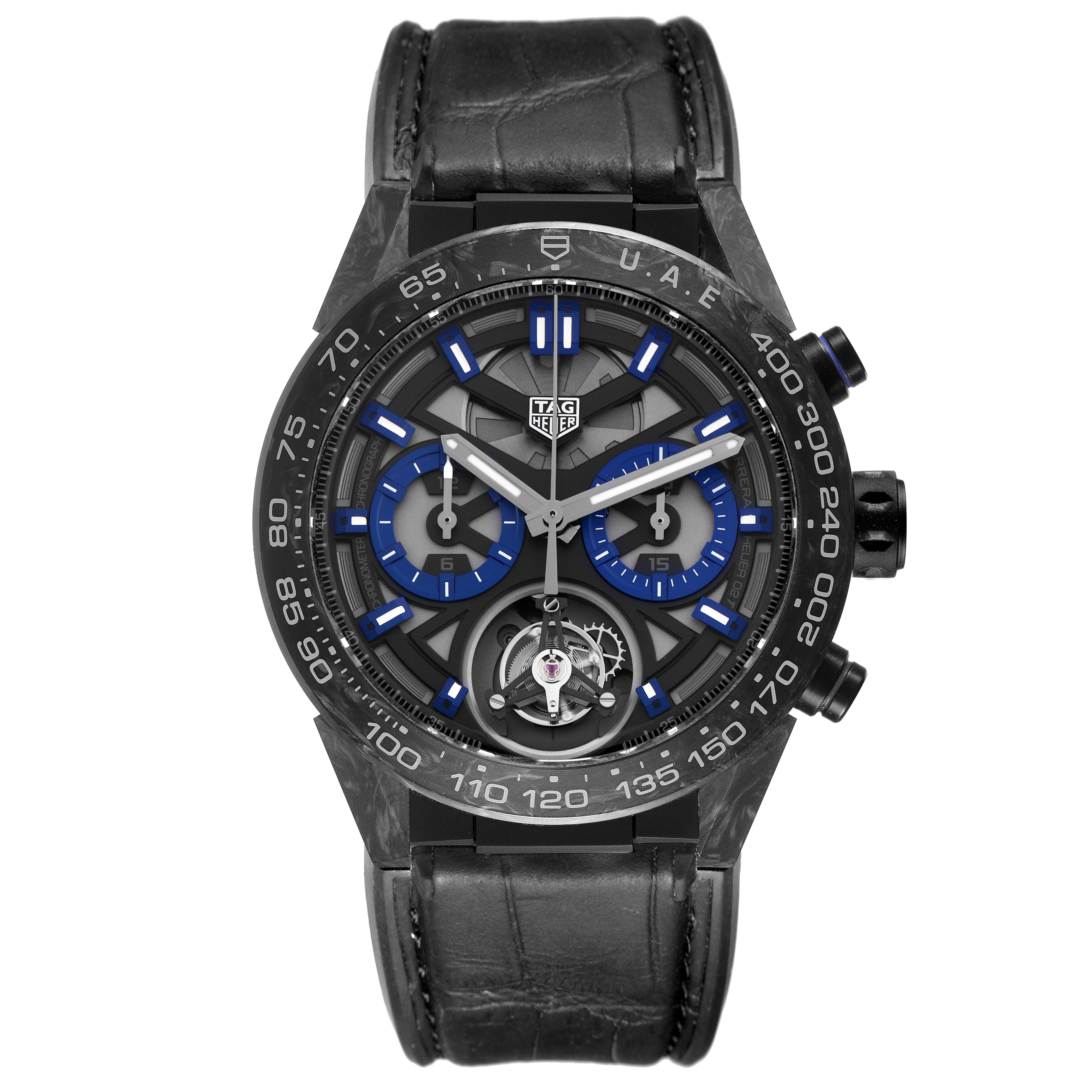 The Tag Heuer Carrera CAR5A8AJ.FC6415 Men's Titanium Black Dial CAR5A8AJ.FC6415 Men's Titanium Black Dial watch is shown from a front angle, highlighting the dial, bezel, and leather strap.