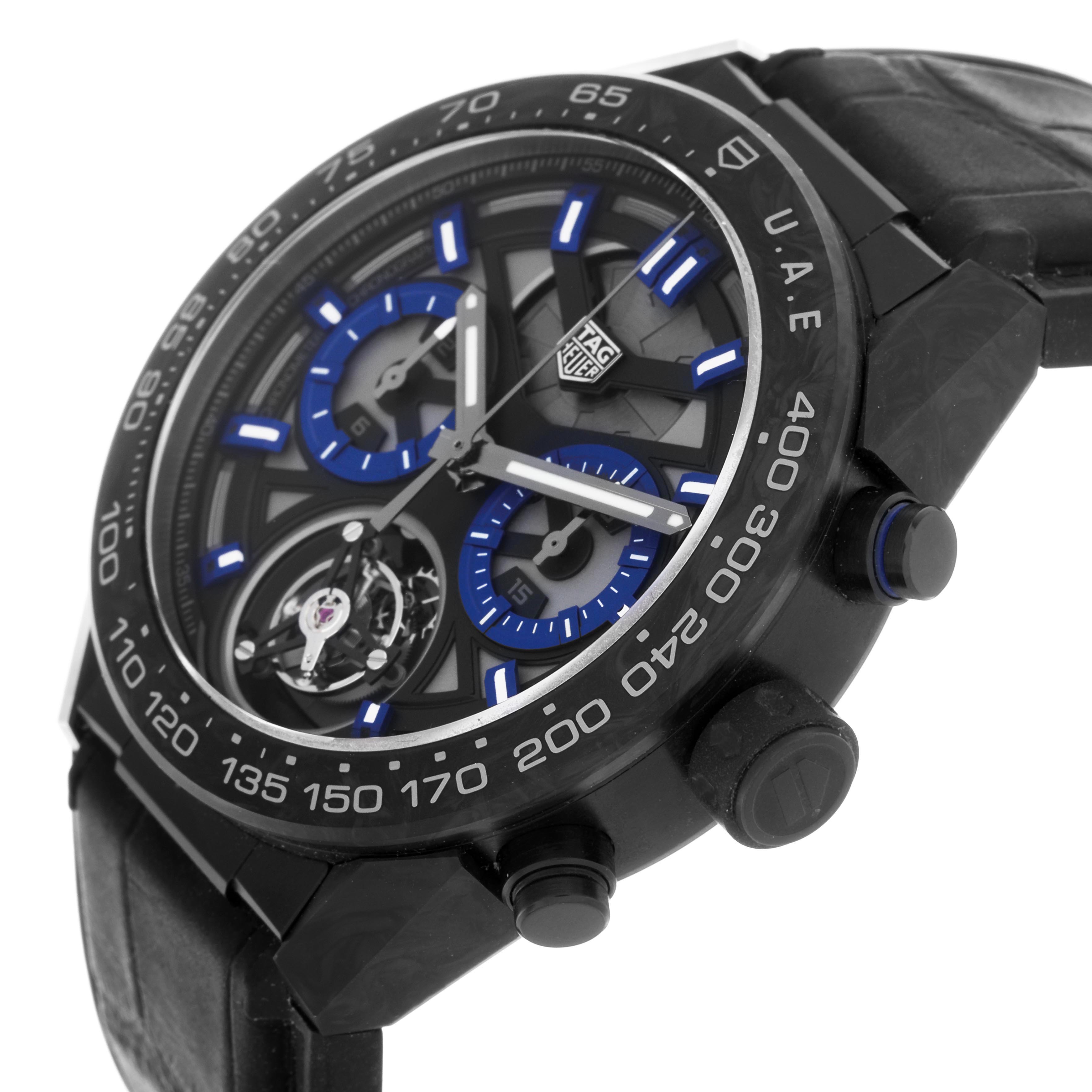 The Tag Heuer Carrera CAR5A8AJ.FC6415 Men's Titanium Black Dial CAR5A8AJ.FC6415 Men's Titanium Black Dial watch is shown at an angle highlighting the dial, bezel, side buttons, and part of the strap.