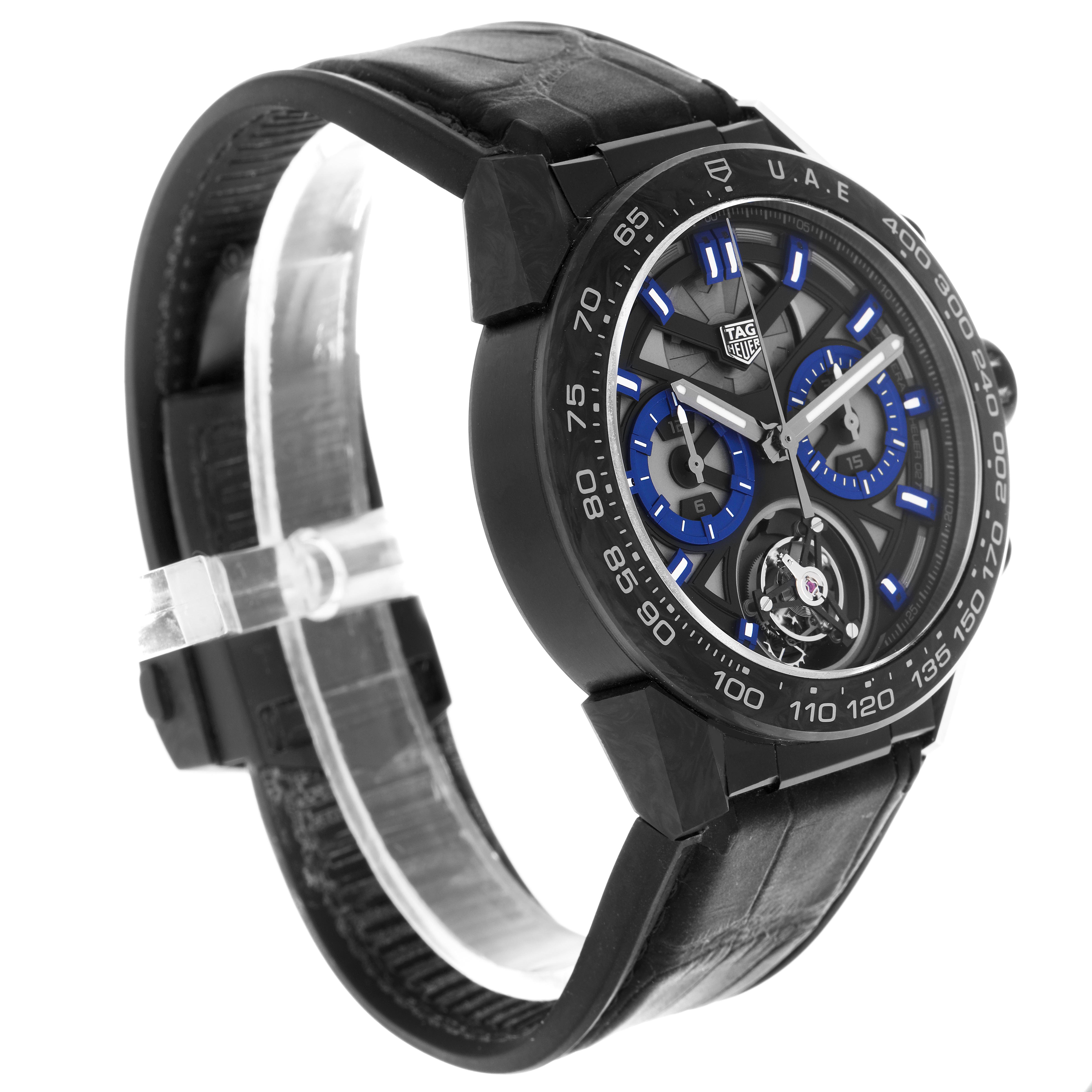 The Tag Heuer Carrera CAR5A8AJ.FC6415 Men's Titanium Black Dial CAR5A8AJ.FC6415 Men's Titanium Black Dial watch is shown at a slight angle, highlighting the face, bezel, and strap.