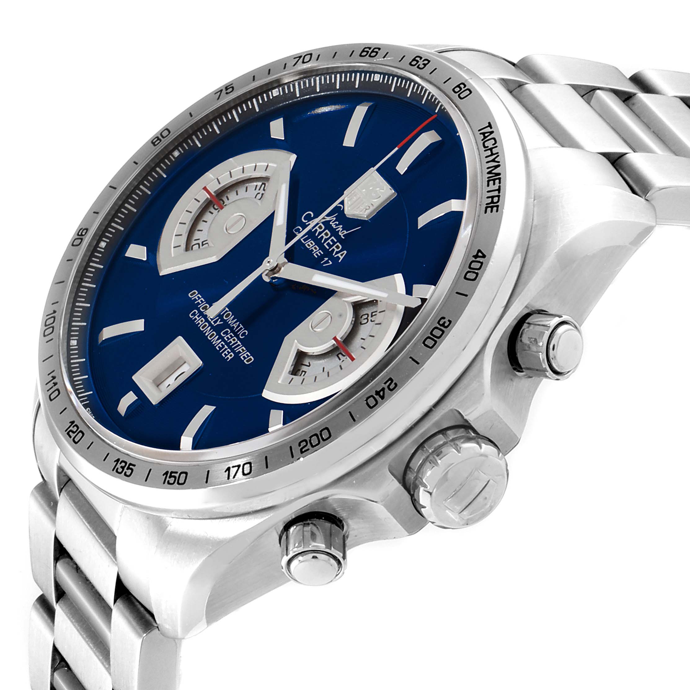 The image shows a close-up angle of the Tag Heuer Carrera Calibre 17 Limited Edition watch, highlighting its dial, subdials, and tachymeter.