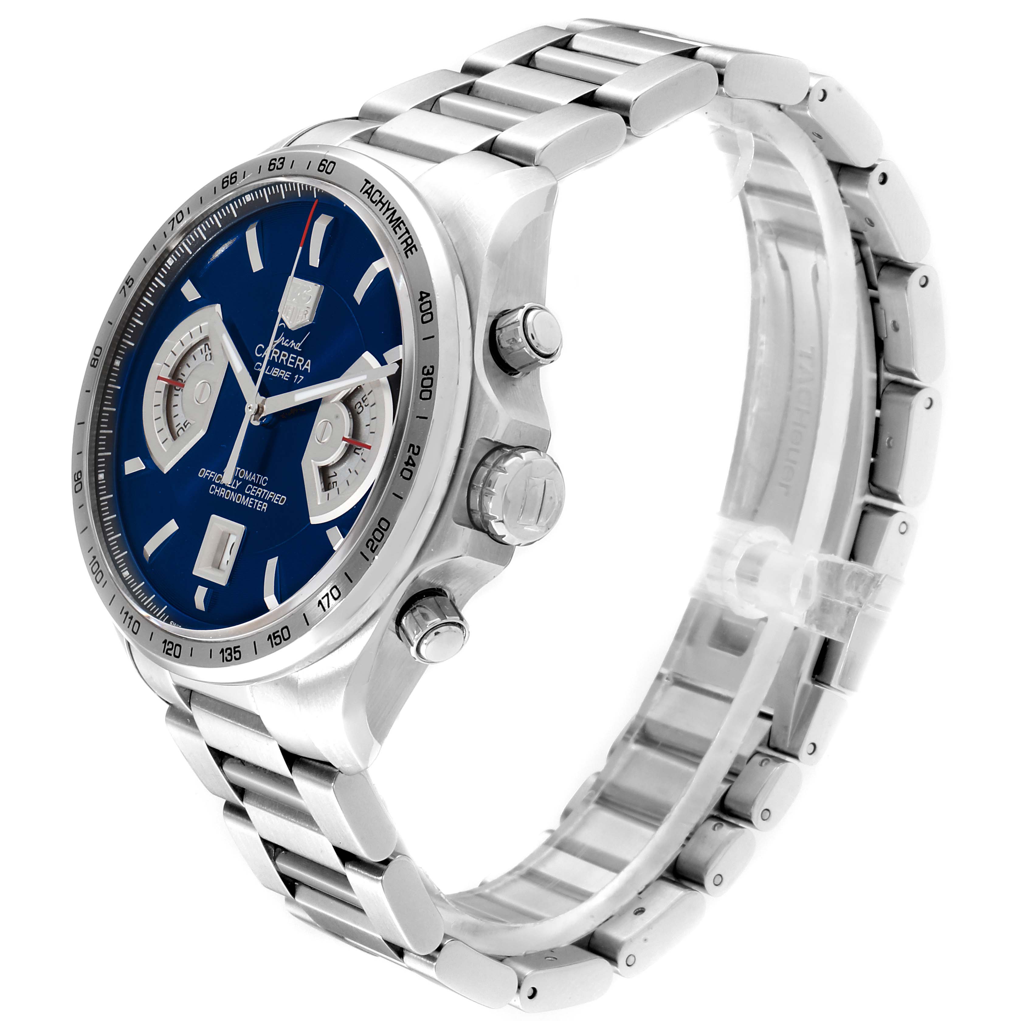 The image shows a side view of the Tag Heuer Carrera Limited Edition watch, detailing its face, bezel, crown, and bracelet.