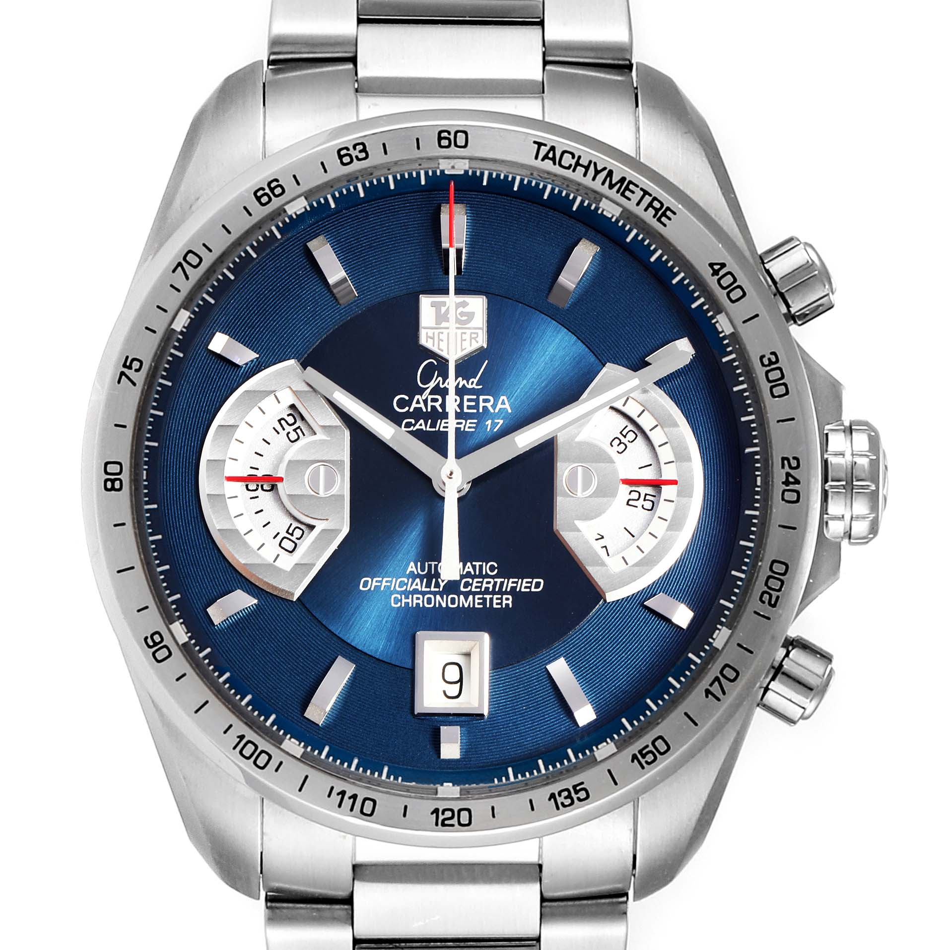 The image displays a front view of the Tag Heuer Grand Carrera Calibre 17 Limited Edition watch, highlighting the dial and tachymeter.