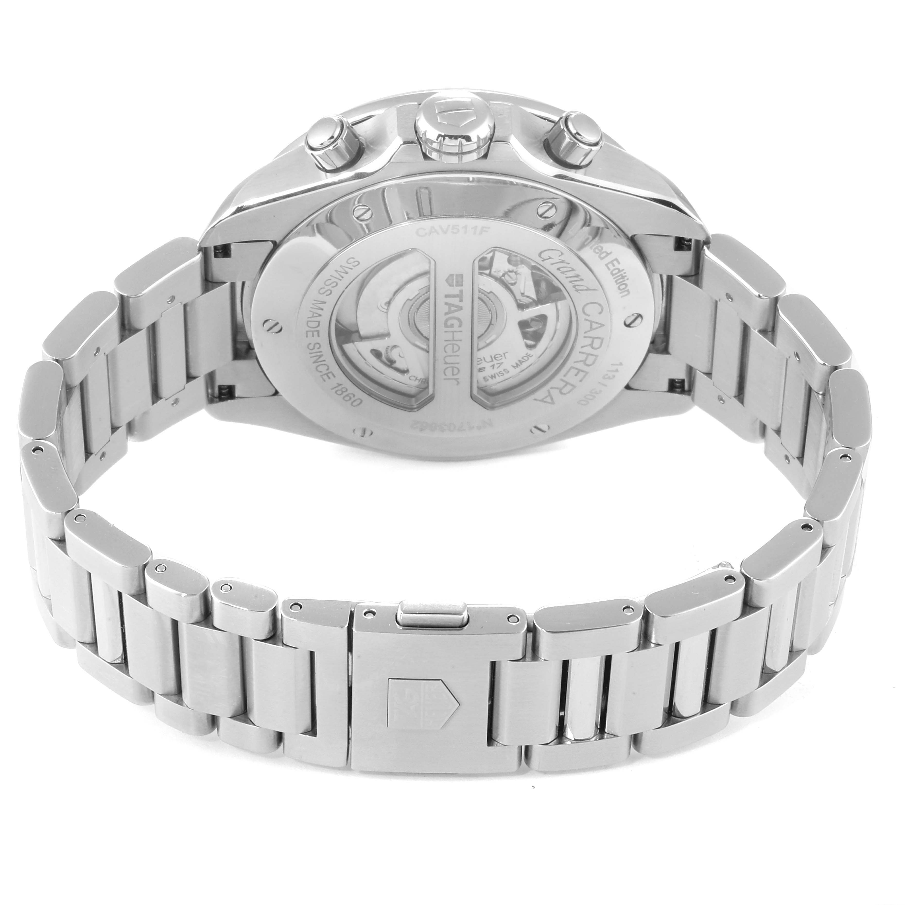 The image shows the back case and bracelet of the Tag Heuer Grand Carrera Limited Edition model.