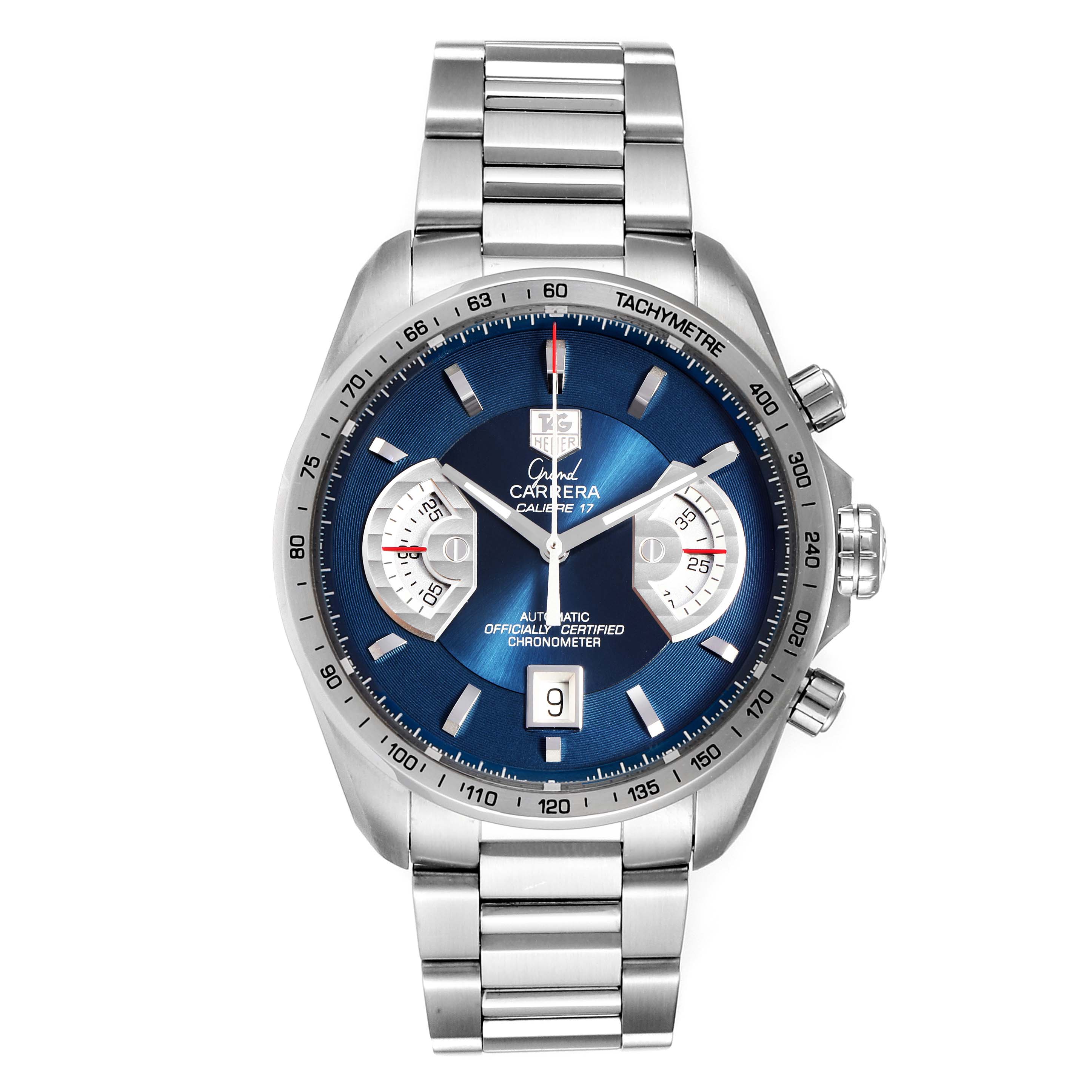 This is a front view of the Tag Heuer Grand Carrera Calibre 17 Limited Edition watch, showing its face, dial, and bracelet.