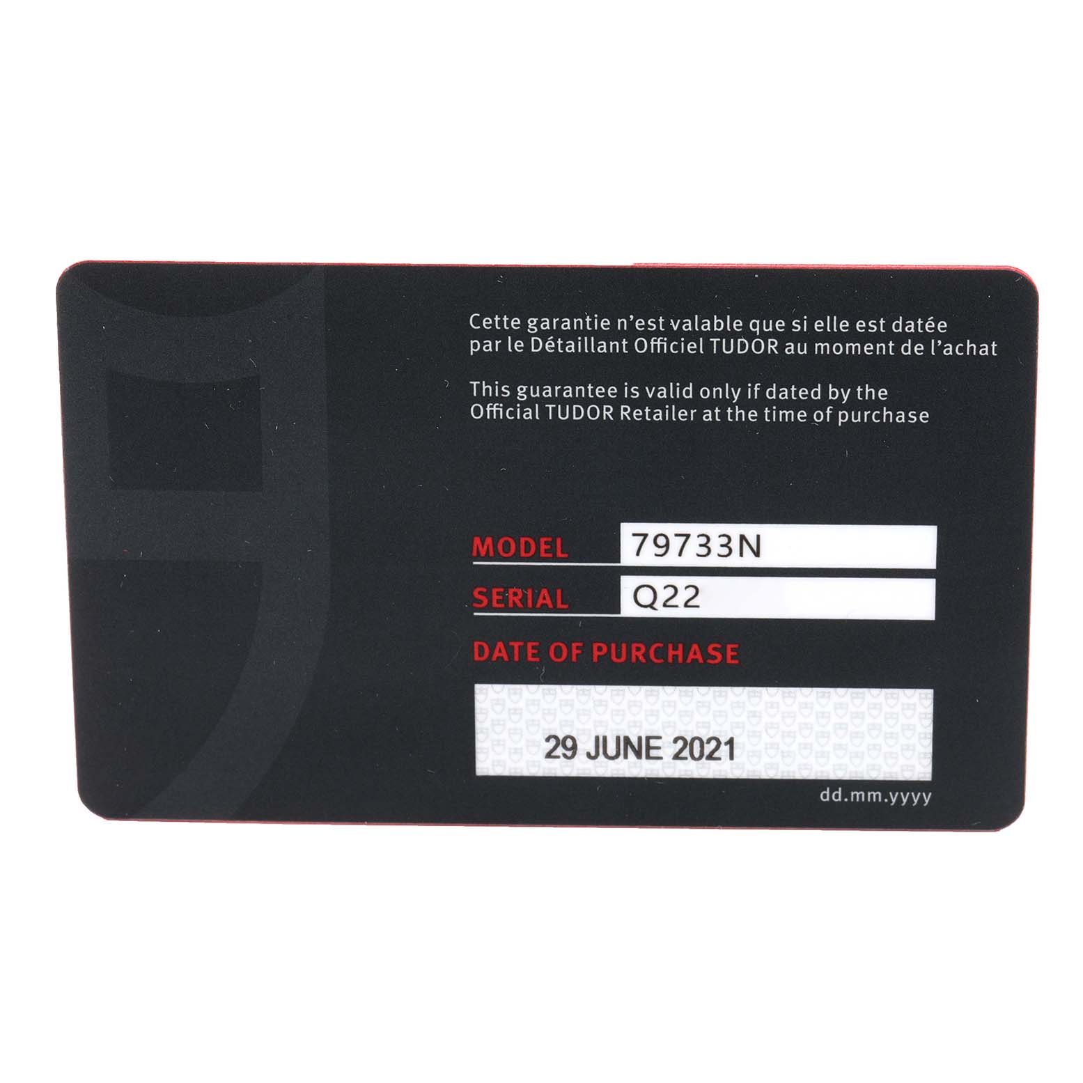This image shows a guarantee card with the model 79733N for the Tudor Heritage Black Bay 79733N Men's Steel and Gold (two tone) Black Dial 79733N Men's Steel and Gold (two tone) Black Dial watch, purchased on 29 June 2021.