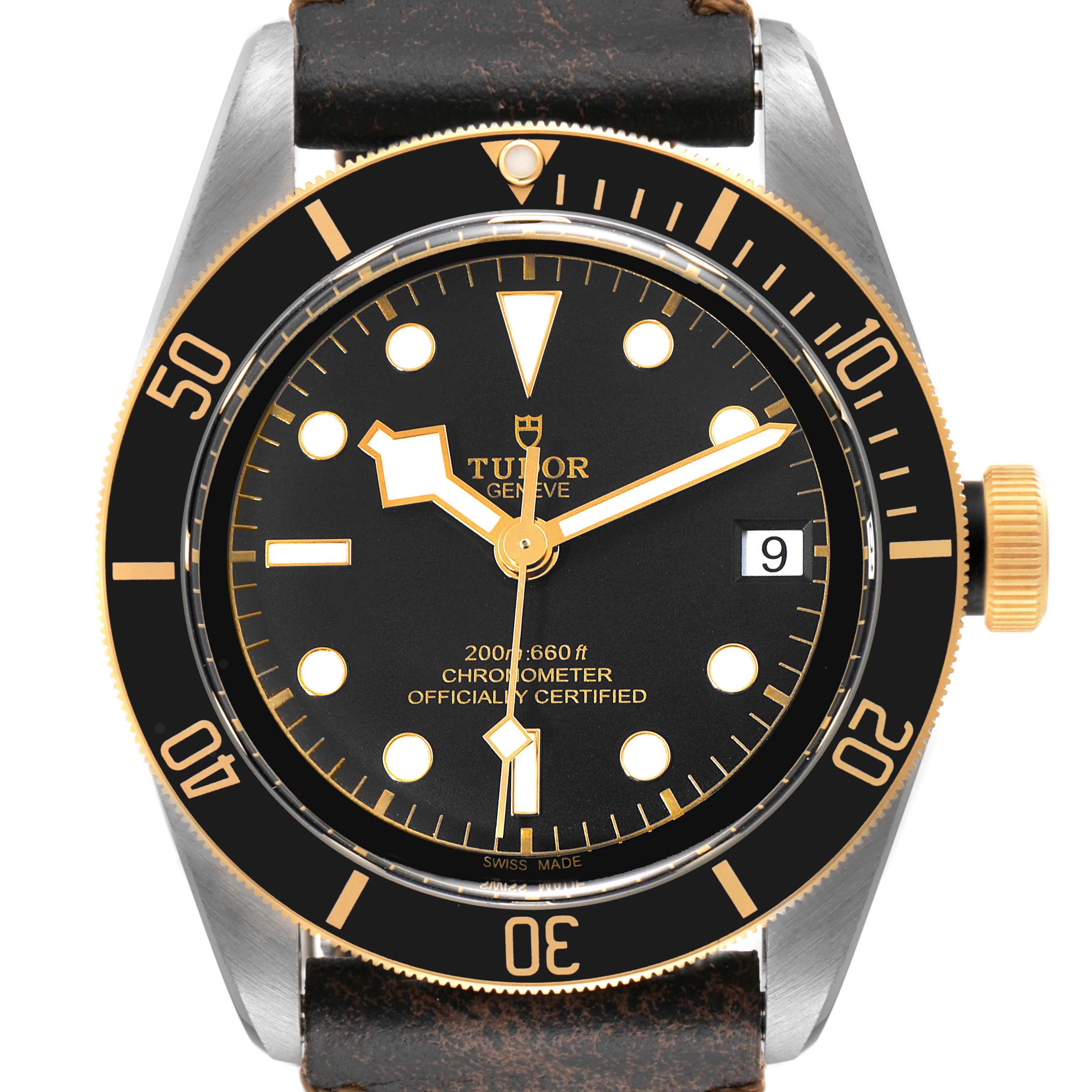 The image shows a Tudor Heritage Black Bay 79733N Men's Steel and Gold (two tone) Black Dial 79733N Men's Steel and Gold (two tone) Black Dial watch from a front angle, highlighting its face, bezel, and part of the strap.