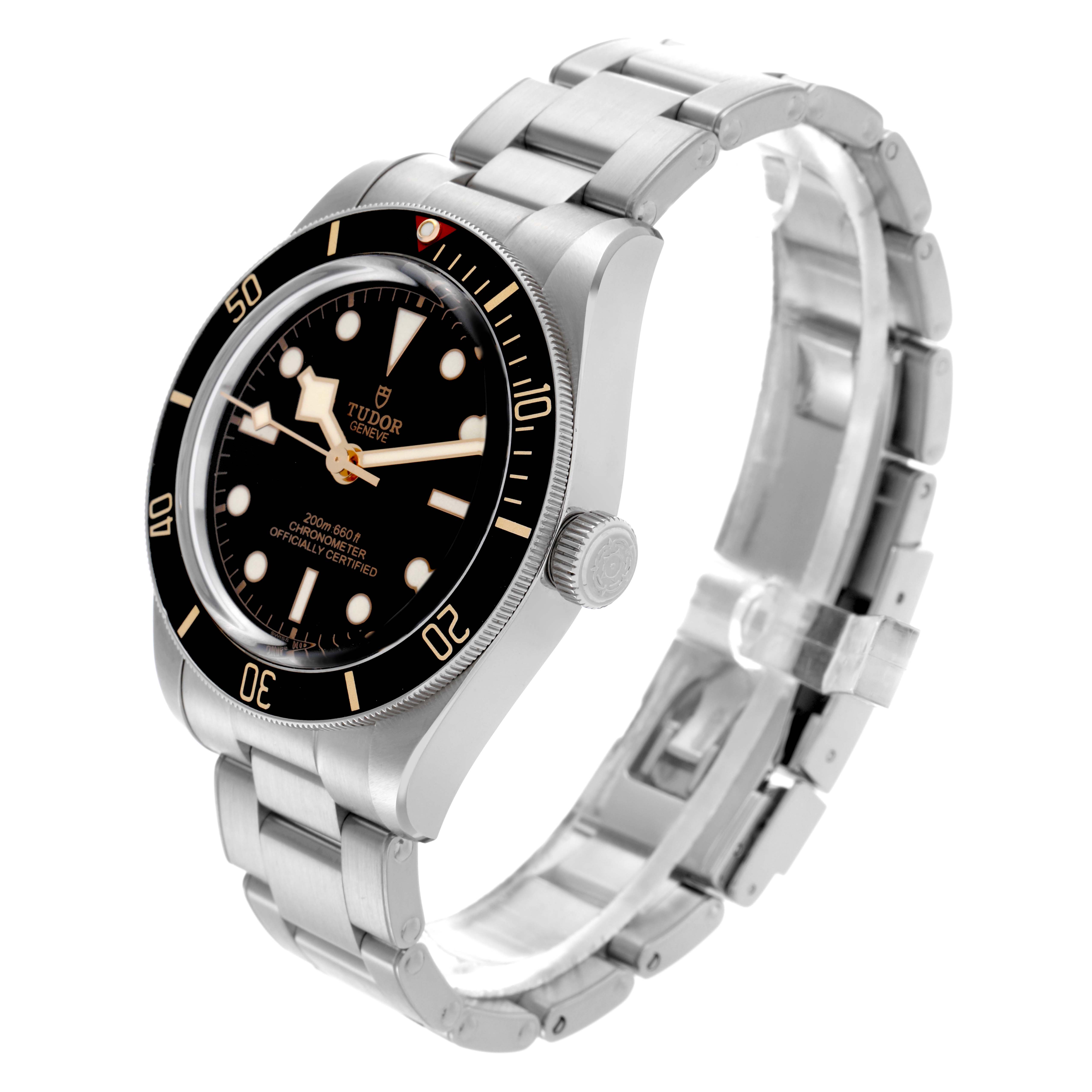 The Tudor Heritage Black Bay 79030N Men's Stainless Steel Black Dial 79030N Men's Stainless Steel Black Dial watch is shown at an angled side view, highlighting the face, bezel, crown, and bracelet.