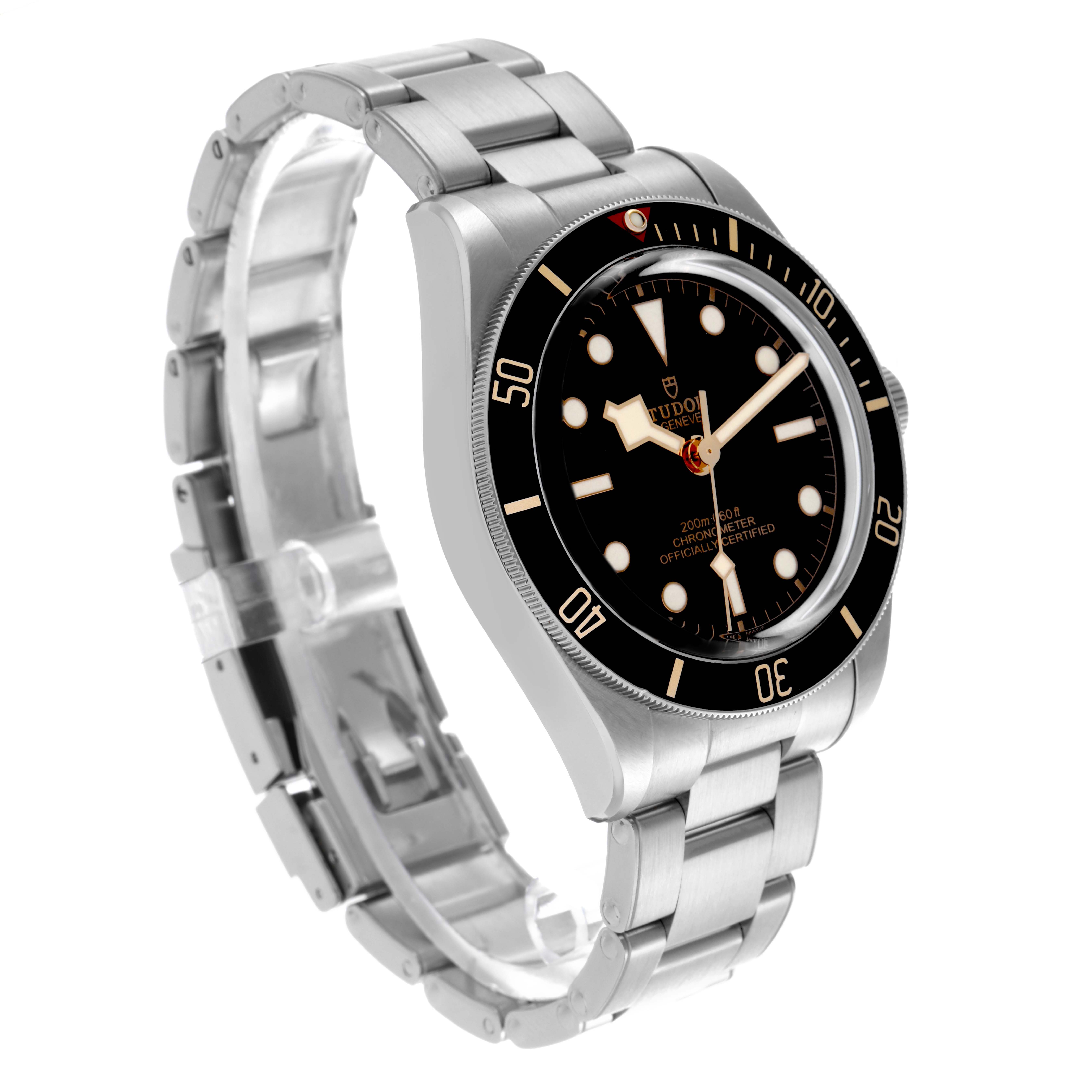The Tudor Heritage Black Bay 79030N Men's Stainless Steel Black Dial 79030N Men's Stainless Steel Black Dial is shown at a three-quarter angle displaying the bezel, dial, crown, and stainless steel bracelet.