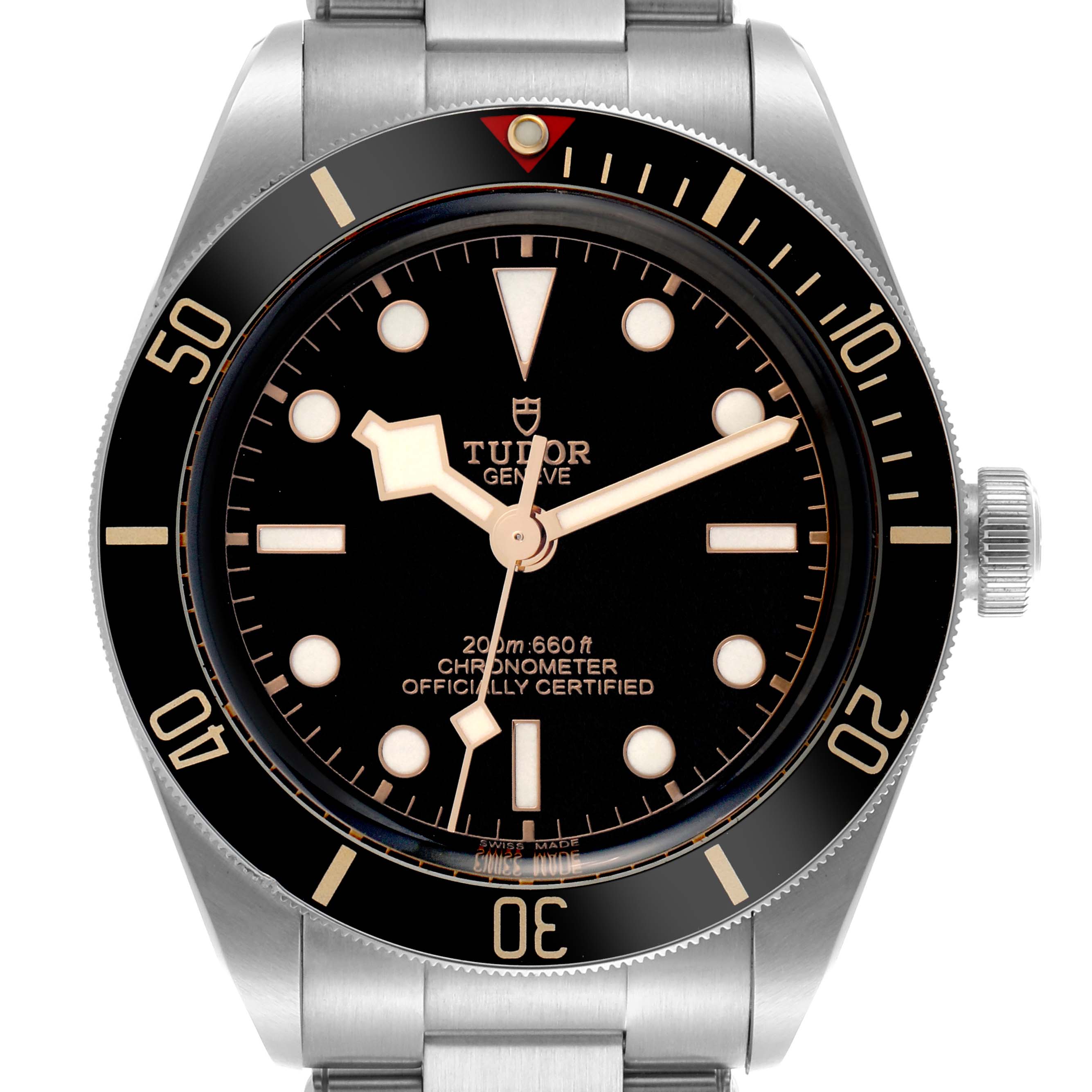 The image shows a front view of the Tudor Heritage Black Bay 79030N Men's Stainless Steel Black Dial 79030N Men's Stainless Steel Black Dial watch, highlighting the dial, bezel, and crown.