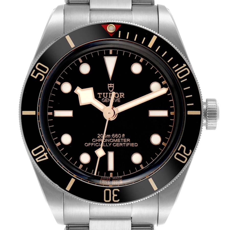The image shows a front view of the Tudor Heritage Black Bay watch, highlighting the dial, bezel, and crown.