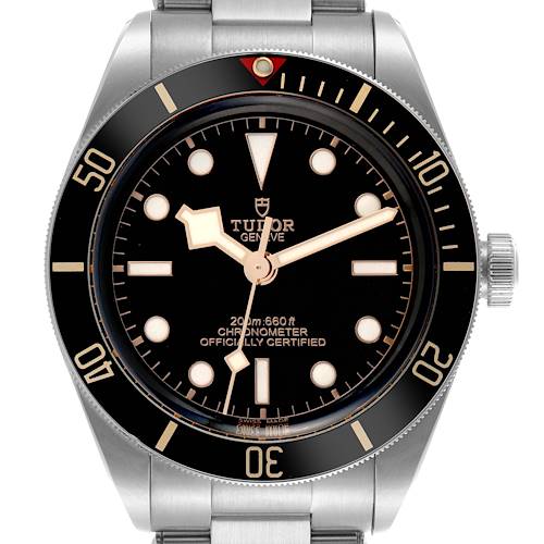 The Tudor Heritage Black Bay watch is shown from the front, highlighting the bezel, dial, hands, and part of the bracelet.