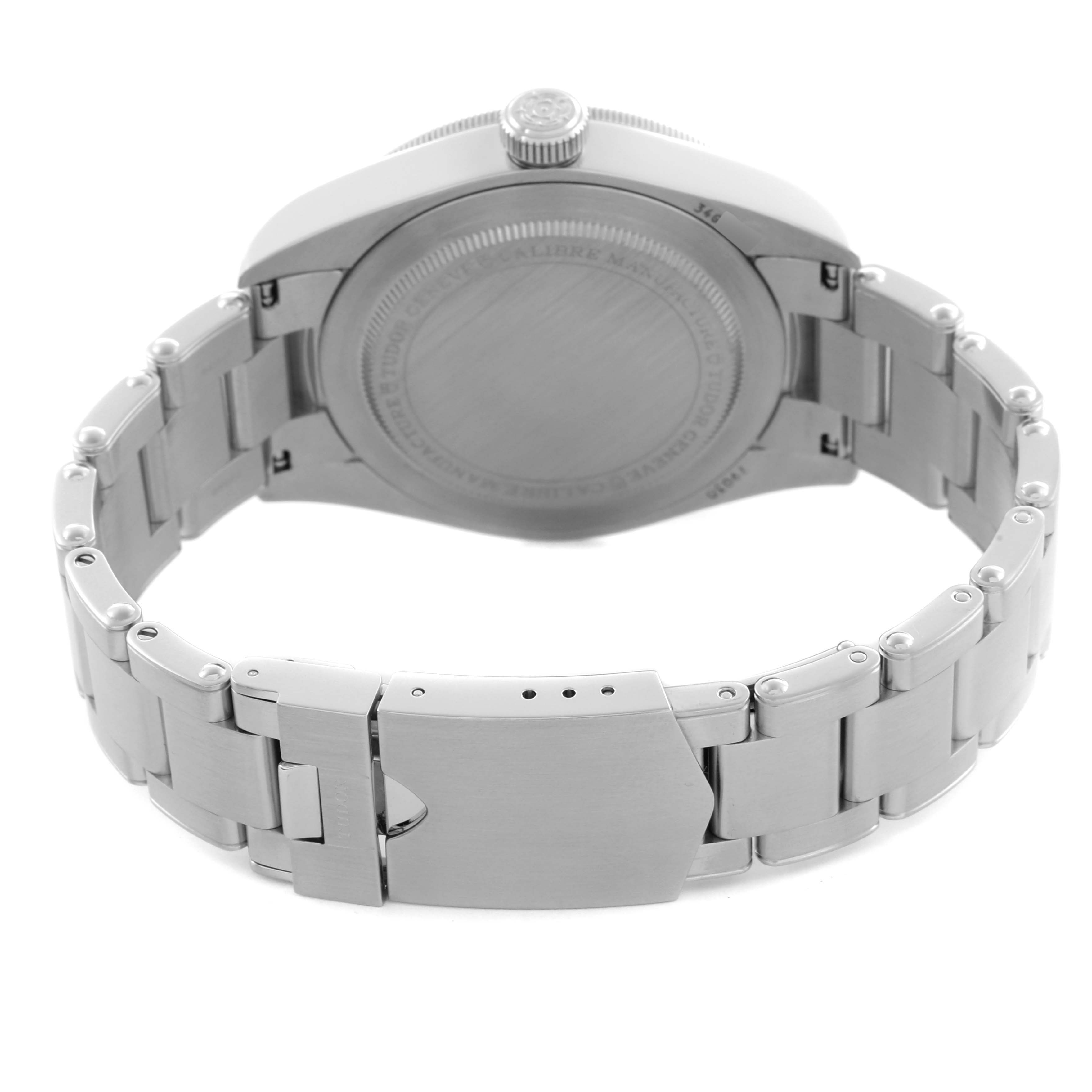 The image shows the back side and clasp of the Tudor Heritage Black Bay 79030N Men's Stainless Steel Black Dial 79030N Men's Stainless Steel Black Dial watch at an angle highlighting the bracelet and case back.