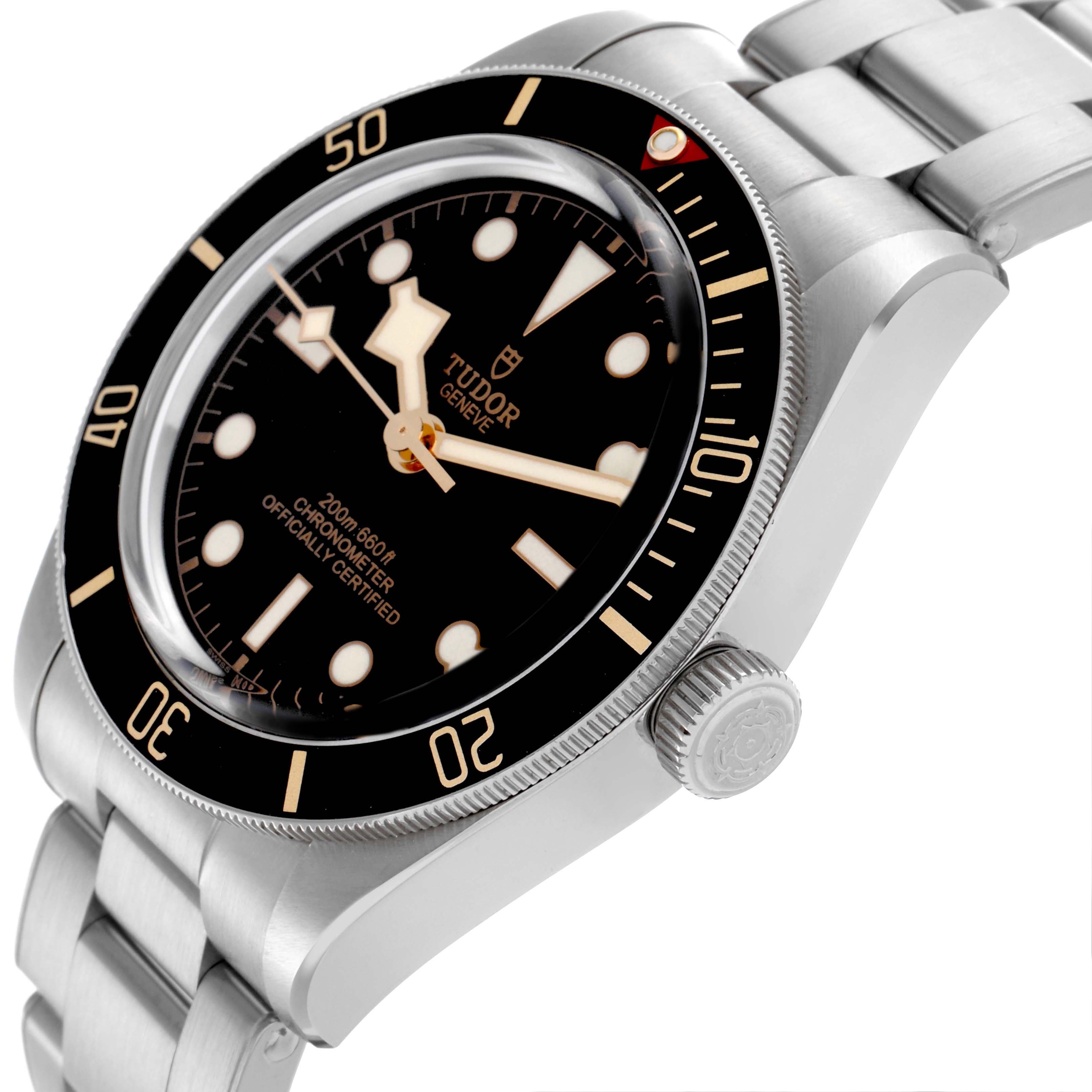 The Tudor Heritage Black Bay 79030N Men's Stainless Steel Black Dial 79030N Men's Stainless Steel Black Dial watch is shown from a side angle, displaying the dial, bezel, case, crown, and metal bracelet.