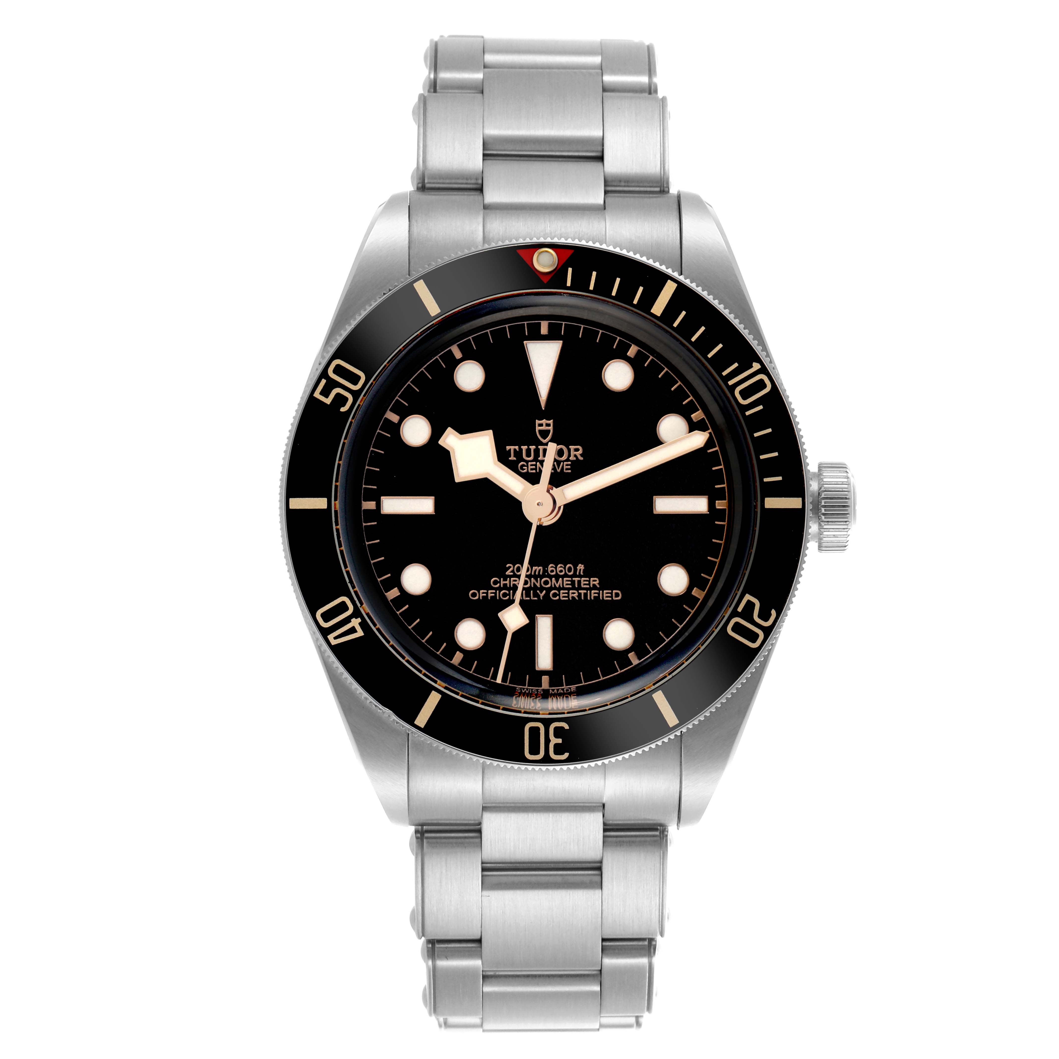 The image shows a front view of the Tudor Heritage Black Bay 79030N Men's Stainless Steel Black Dial 79030N Men's Stainless Steel Black Dial watch, highlighting its face, bezel, and bracelet.