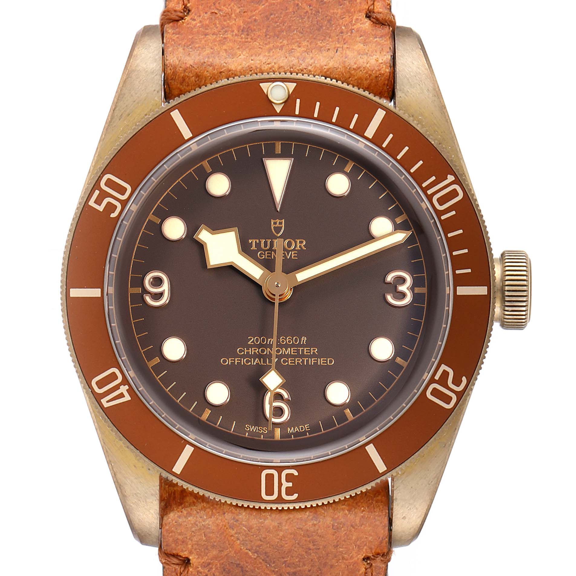 The image shows a front view of the Tudor Heritage Black Bay 79250B Men
s Bronze Brown Dial 79250B Men
s Bronze Brown Dial watch, displaying its face, bezel, and crown.