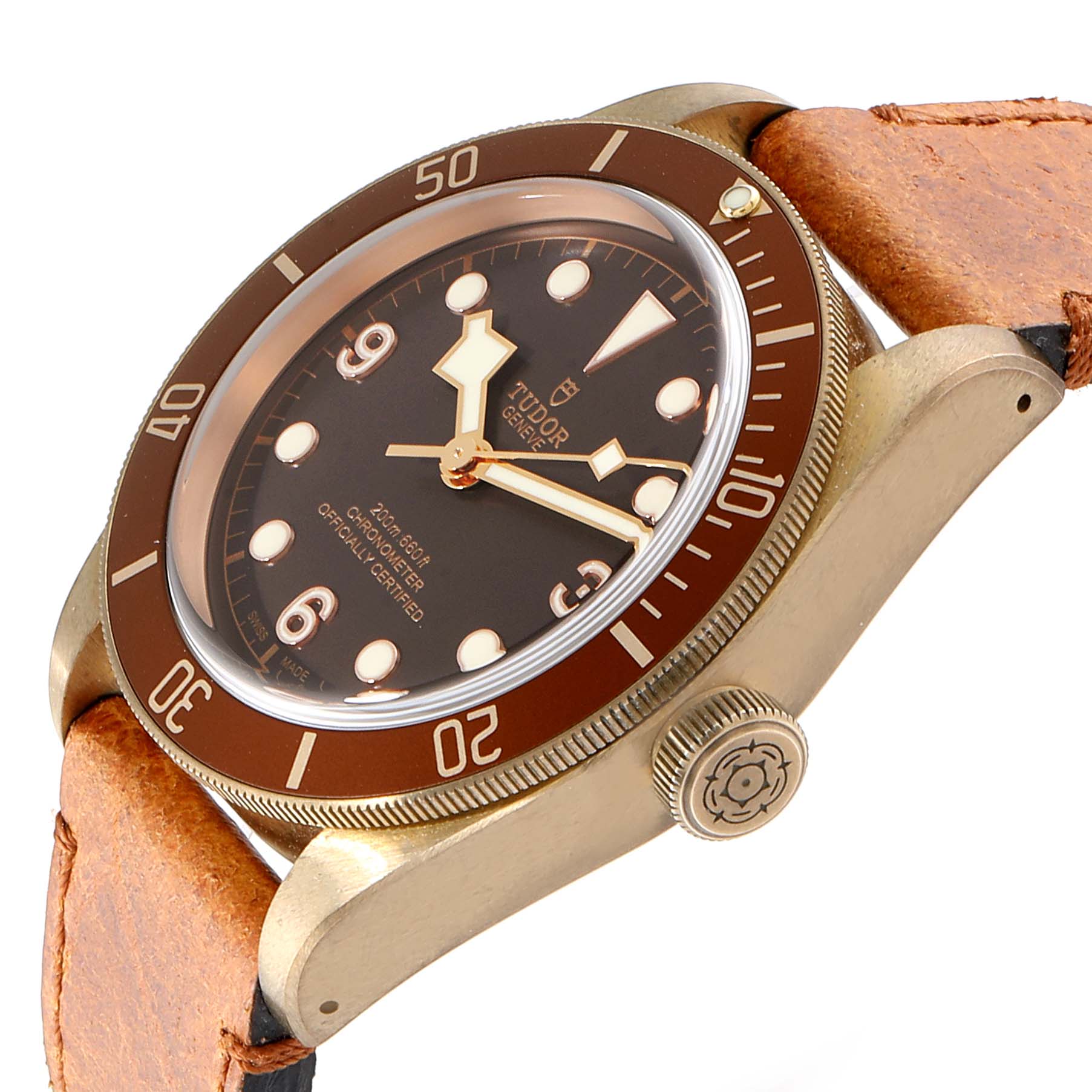 The image shows the Tudor Heritage Black Bay 79250B Men
s Bronze Brown Dial 79250B Men
s Bronze Brown Dial watch from a side angle, highlighting the bezel, dial, crown, and leather strap.