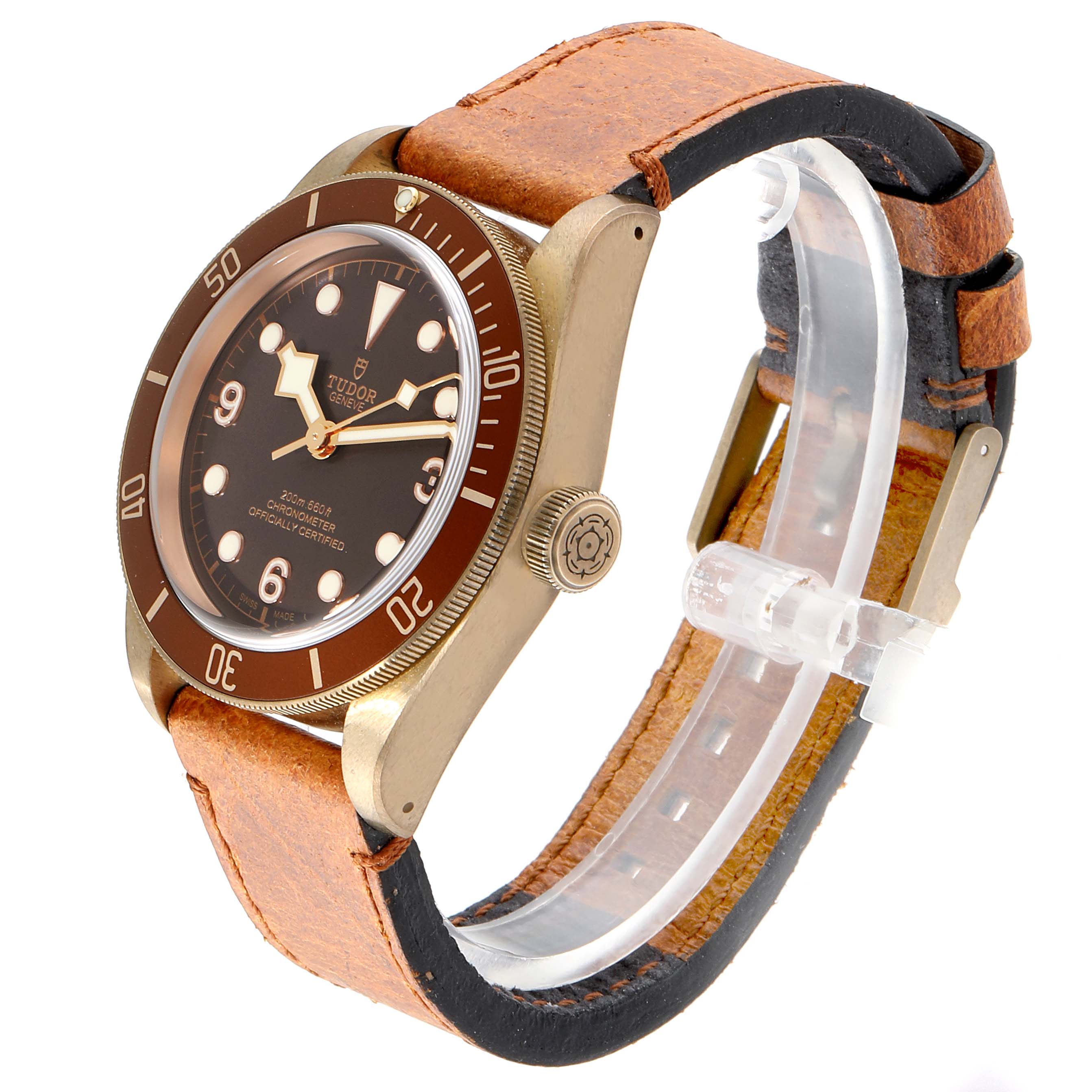 This image shows the Tudor Heritage Black Bay 79250B Men
s Bronze Brown Dial 79250B Men
s Bronze Brown Dial watch at a slight side angle, highlighting the face details, bezel, and leather strap.
