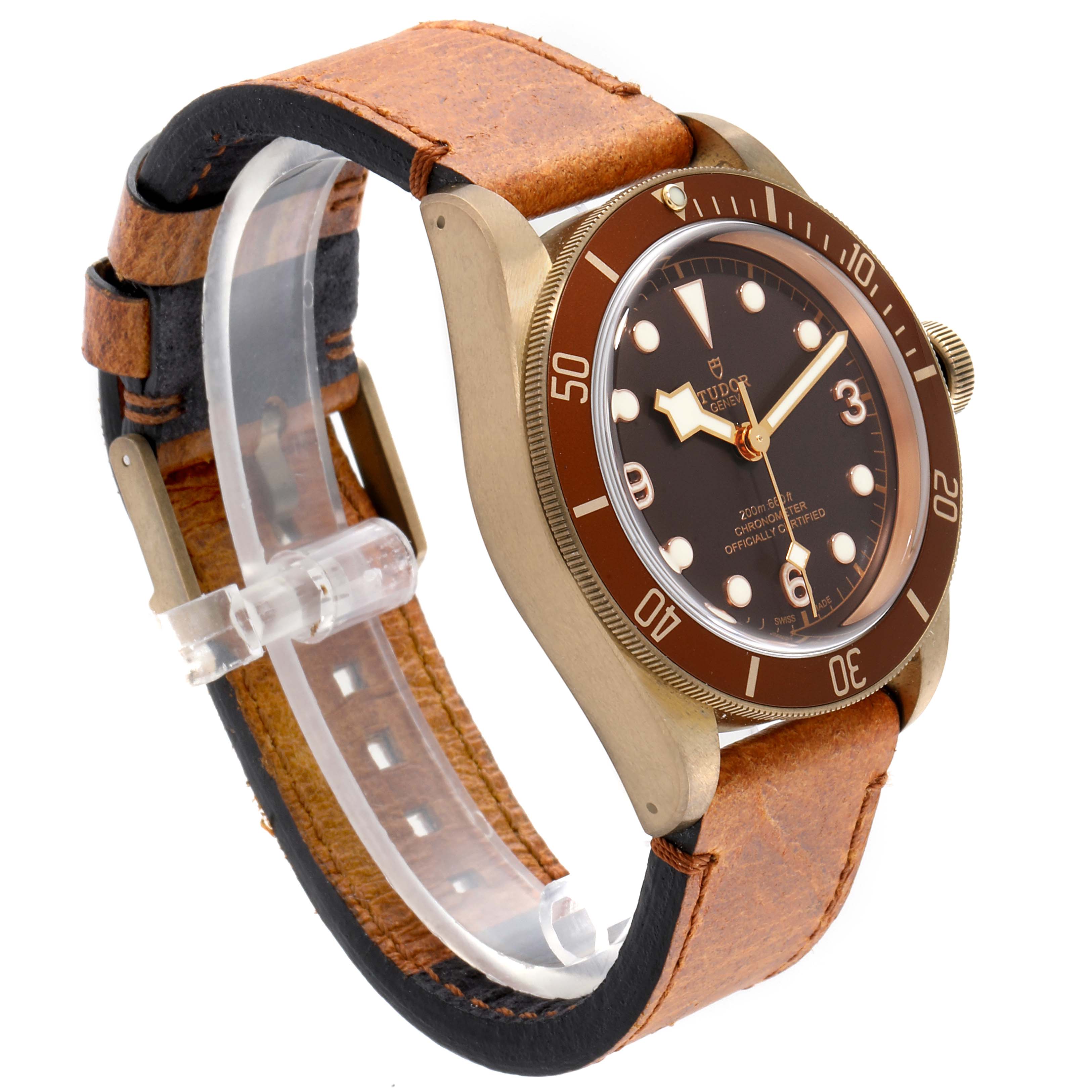 The Tudor Heritage Black Bay 79250B Men
s Bronze Brown Dial 79250B Men
s Bronze Brown Dial watch is shown at an angle displaying the face, bezel, crown, and brown leather strap.