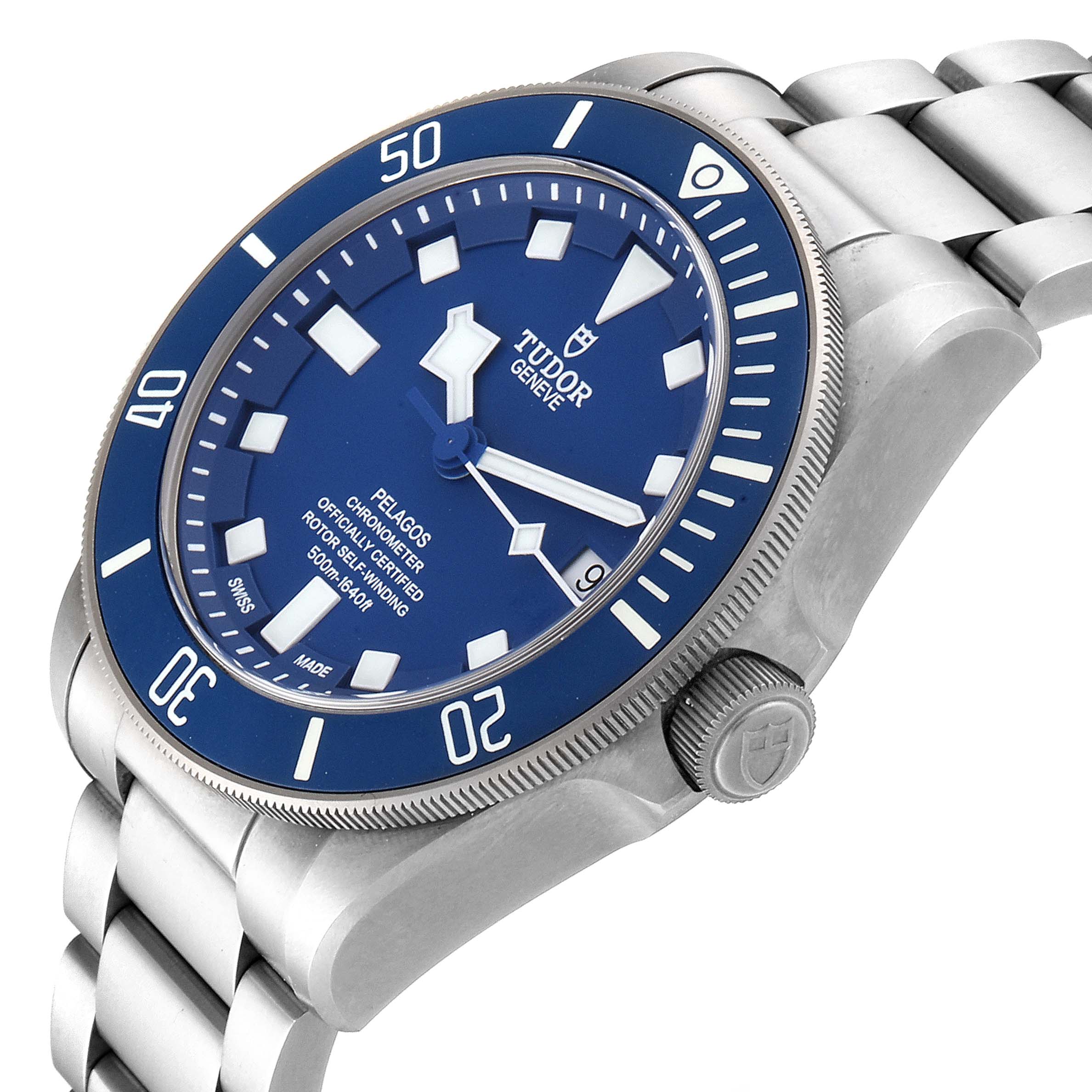 The image shows a Tudor Pelagos 25600TB Men's Titanium Blue Dial 25600TB Men's Titanium Blue Dial watch at a side angle, highlighting its blue dial, bezel, and metal bracelet.
