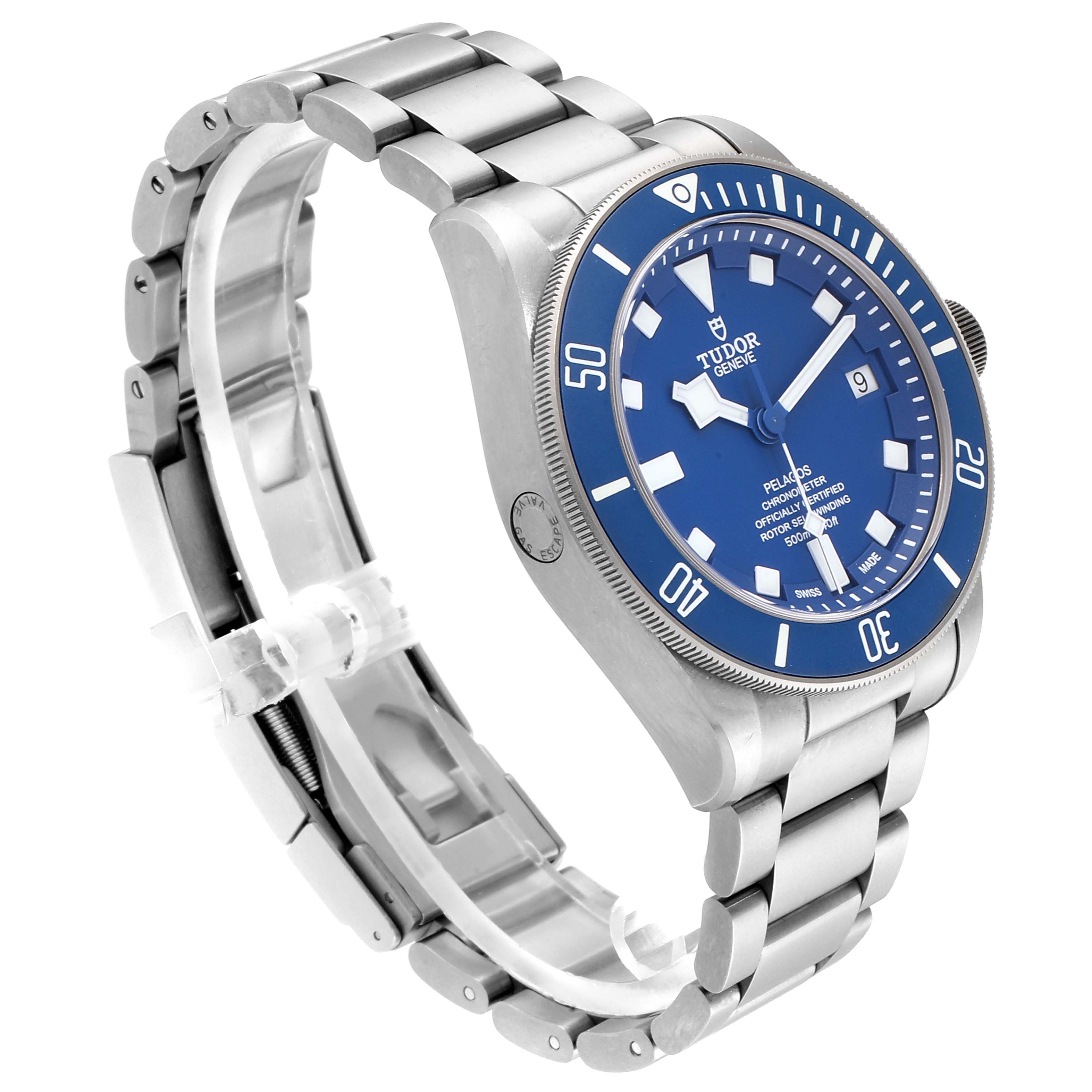 The image shows a side-angle view of a Tudor Pelagos 25600TB Men's Titanium Blue Dial 25600TB Men's Titanium Blue Dial watch, highlighting the face, bezel, case, and metal bracelet.
