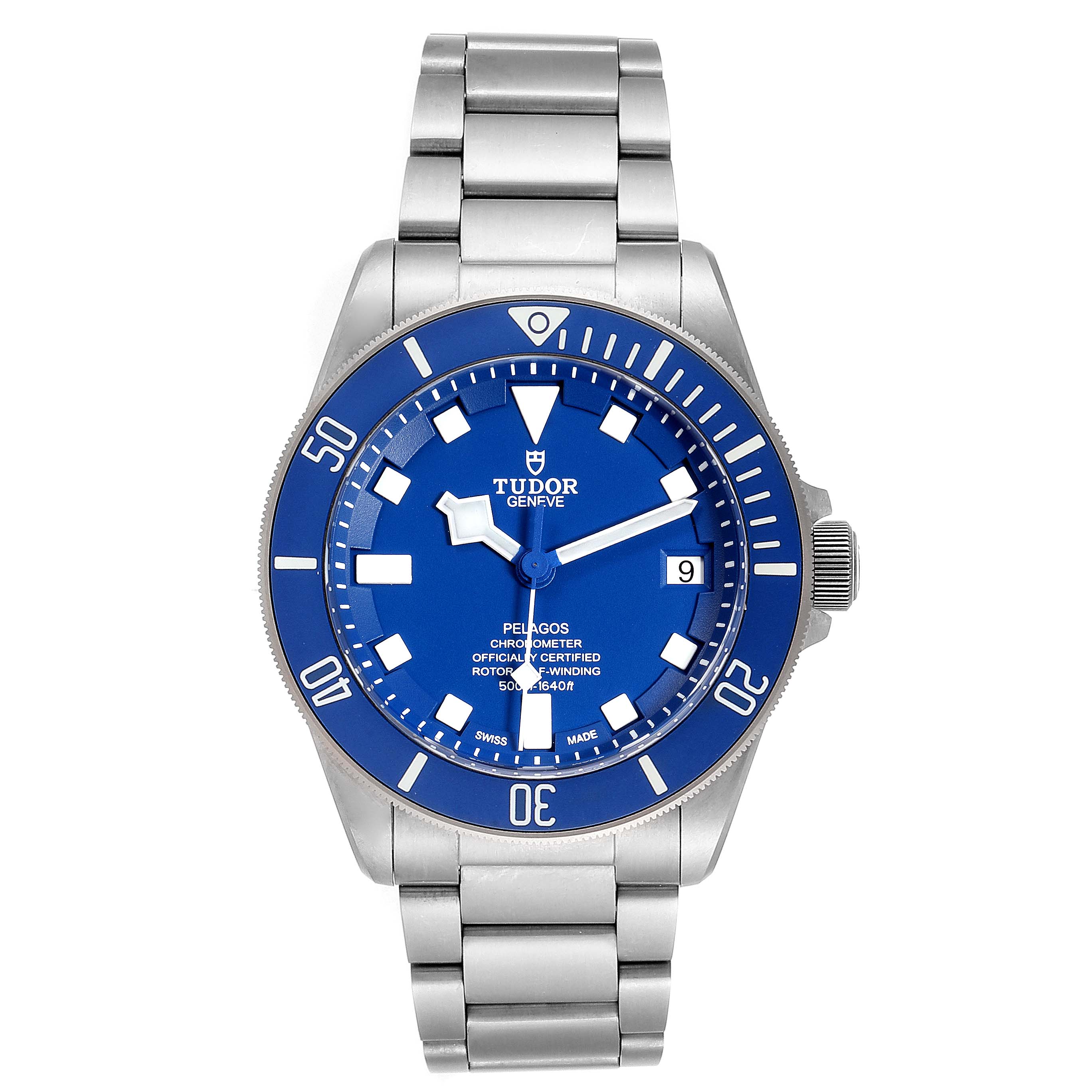 This image shows a front view of the Tudor Pelagos 25600TB Men's Titanium Blue Dial 25600TB Men's Titanium Blue Dial watch, showcasing its blue dial, rotating bezel, and stainless steel bracelet.