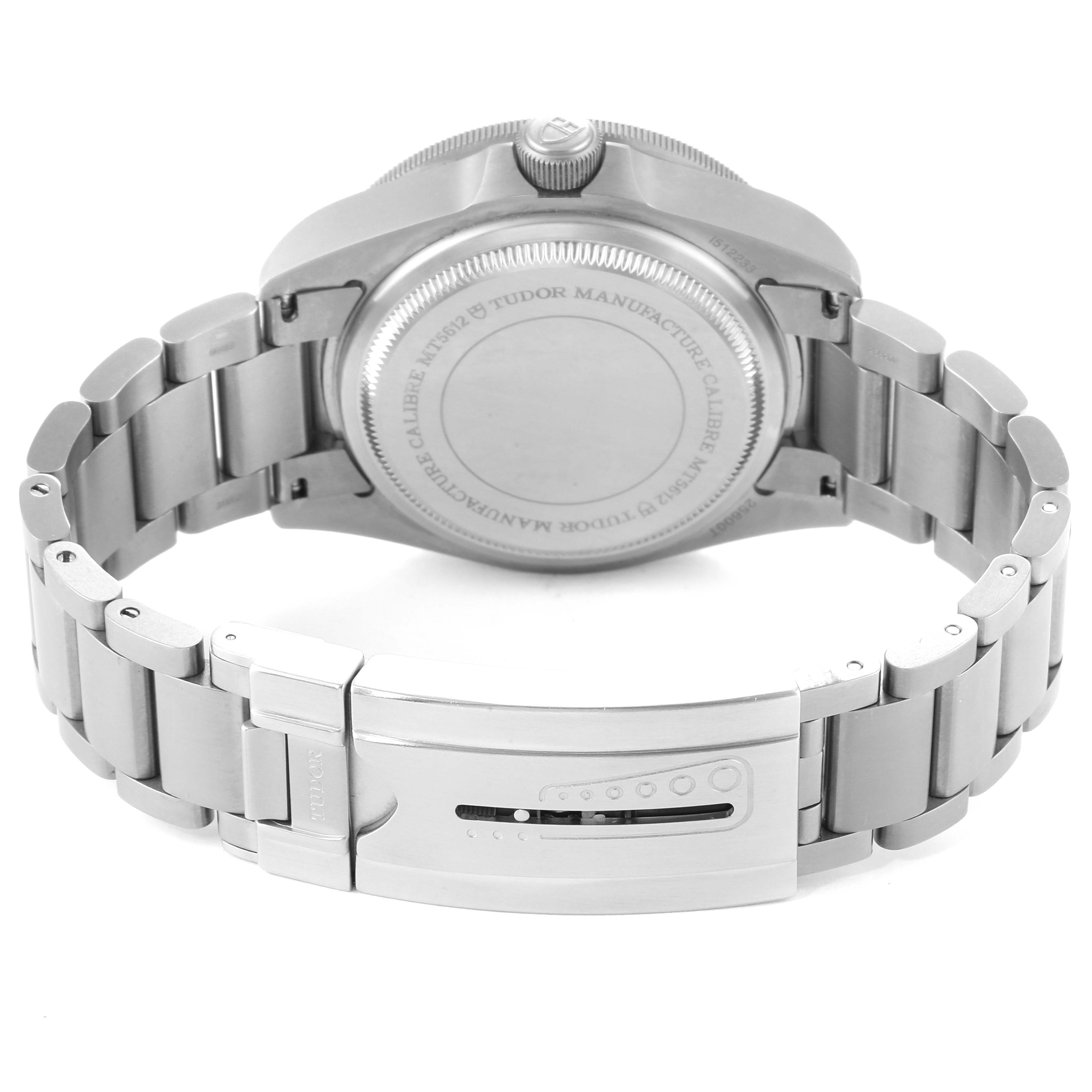 The image shows the rear view of a Tudor Pelagos 25600TB Men's Titanium Blue Dial 25600TB Men's Titanium Blue Dial watch, highlighting the case back and clasp of the bracelet.