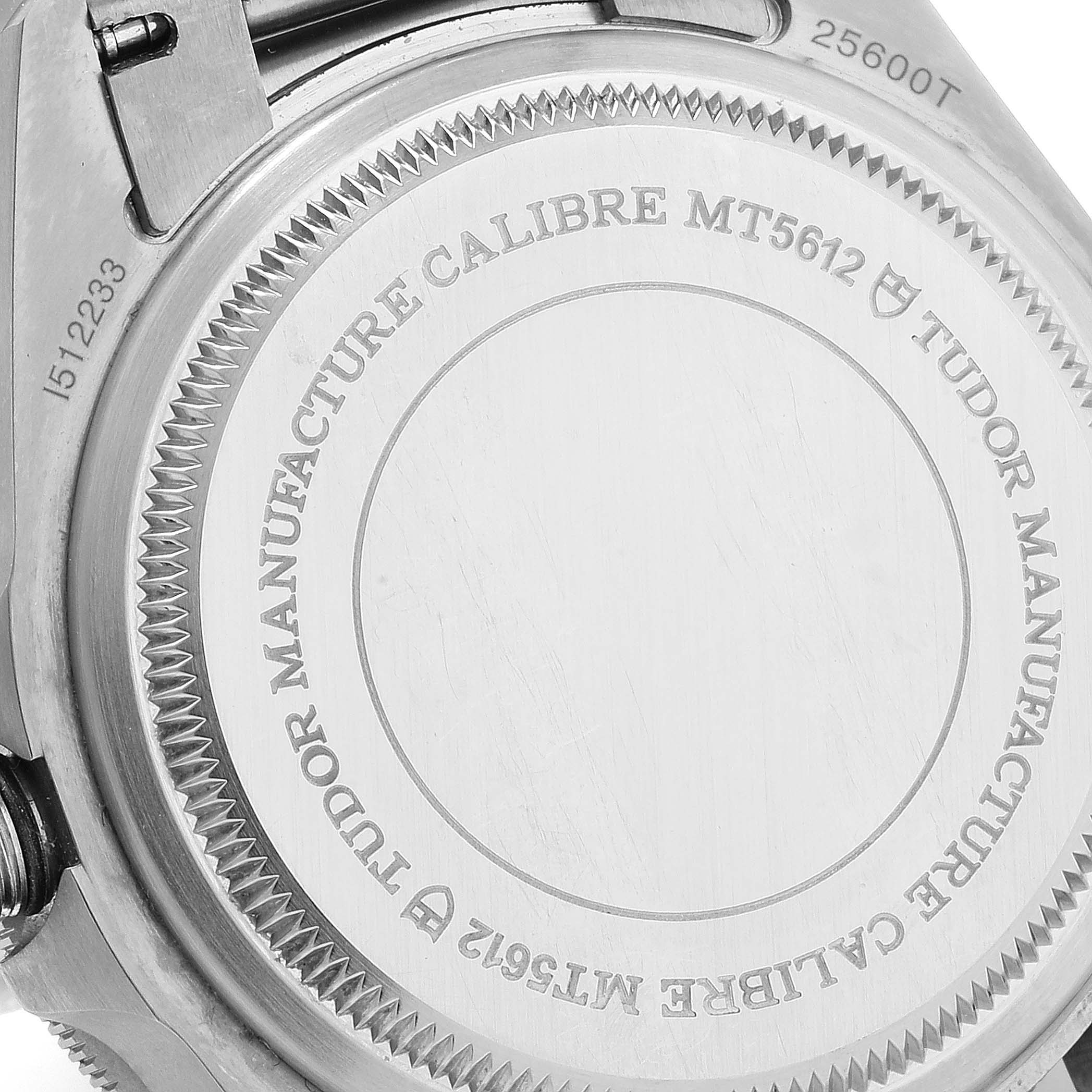 This image shows the back case of a Tudor Pelagos 25600TB Men's Titanium Blue Dial 25600TB Men's Titanium Blue Dial watch, highlighting the Tudor Manufacture Calibre MT5612.