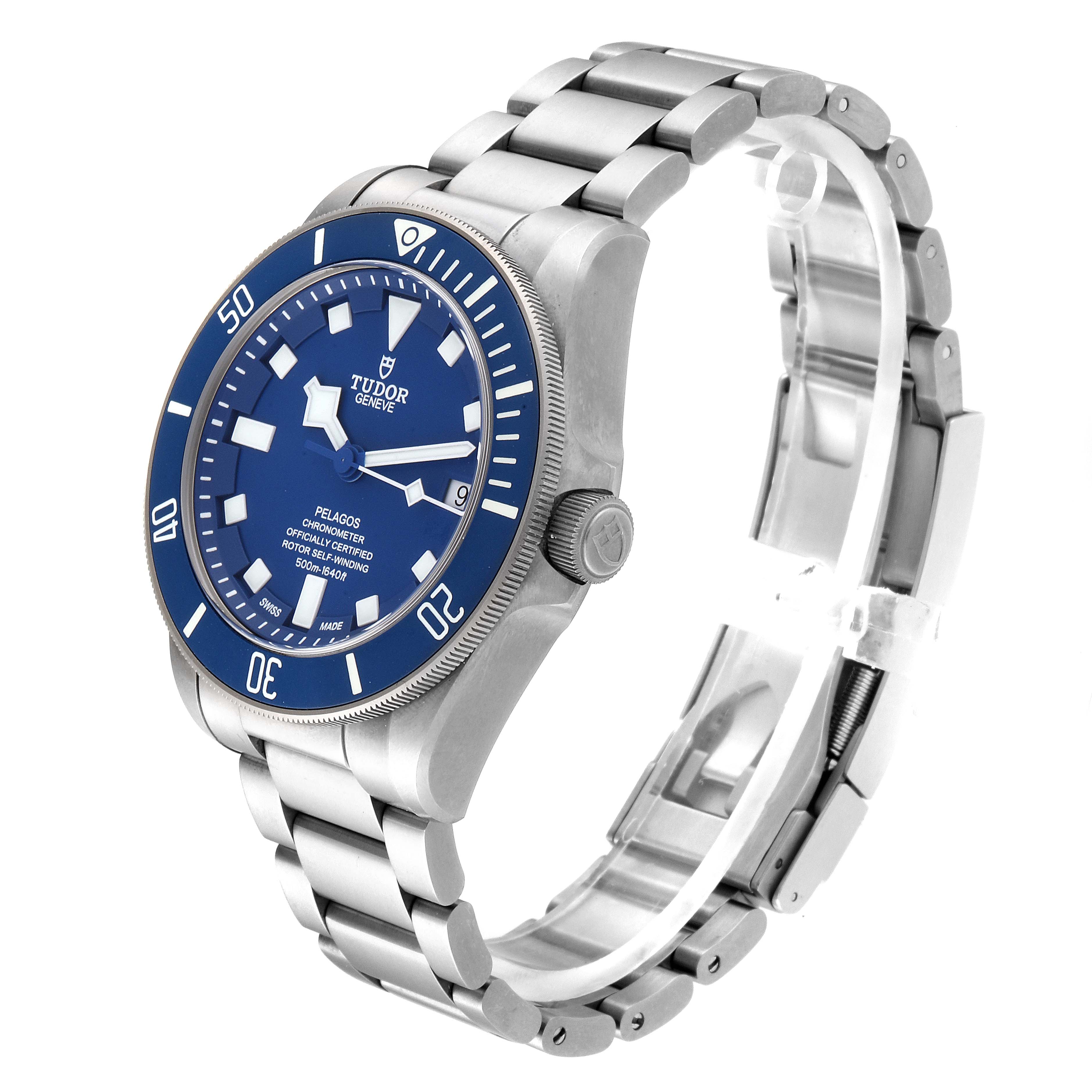 The image shows a Tudor Pelagos 25600TB Men's Titanium Blue Dial 25600TB Men's Titanium Blue Dial watch from an angled side view, displaying the face, bezel, crown, and bracelet.