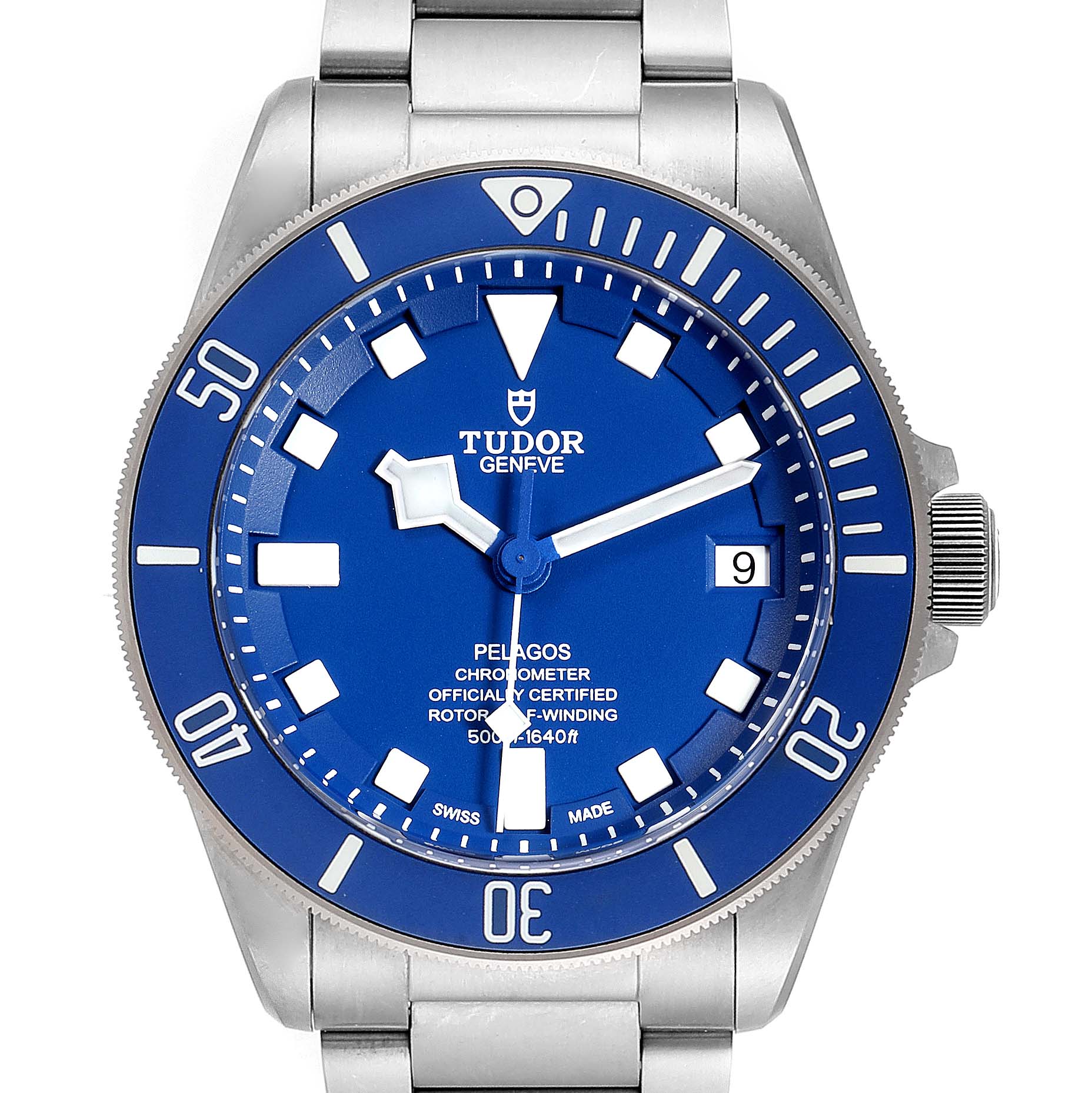The Tudor Pelagos 25600TB Men's Titanium Blue Dial 25600TB Men's Titanium Blue Dial watch is shown from a front angle, displaying the face, bezel, hands, and part of the bracelet.