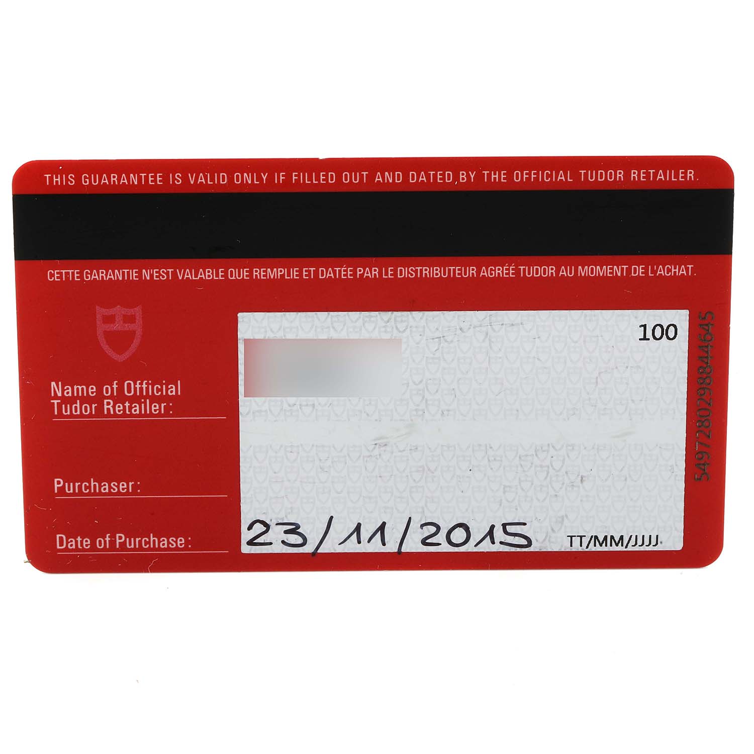 This image shows a warranty card for a Tudor Pelagos 25600TB Men's Titanium Blue Dial 25600TB Men's Titanium Blue Dial model watch, dated 23/11/2015.