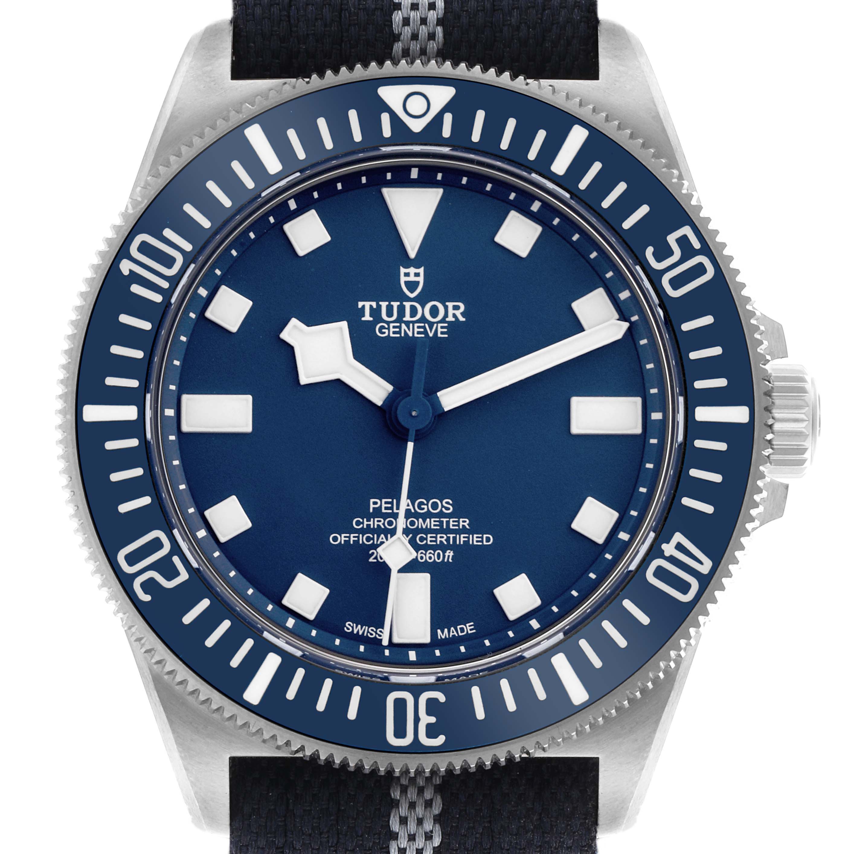 The image shows a front view of the Tudor Pelagos 25707B Men's Titanium Blue Dial 25707B Men's Titanium Blue Dial watch, highlighting the bezel, dial, markers, and hands.
