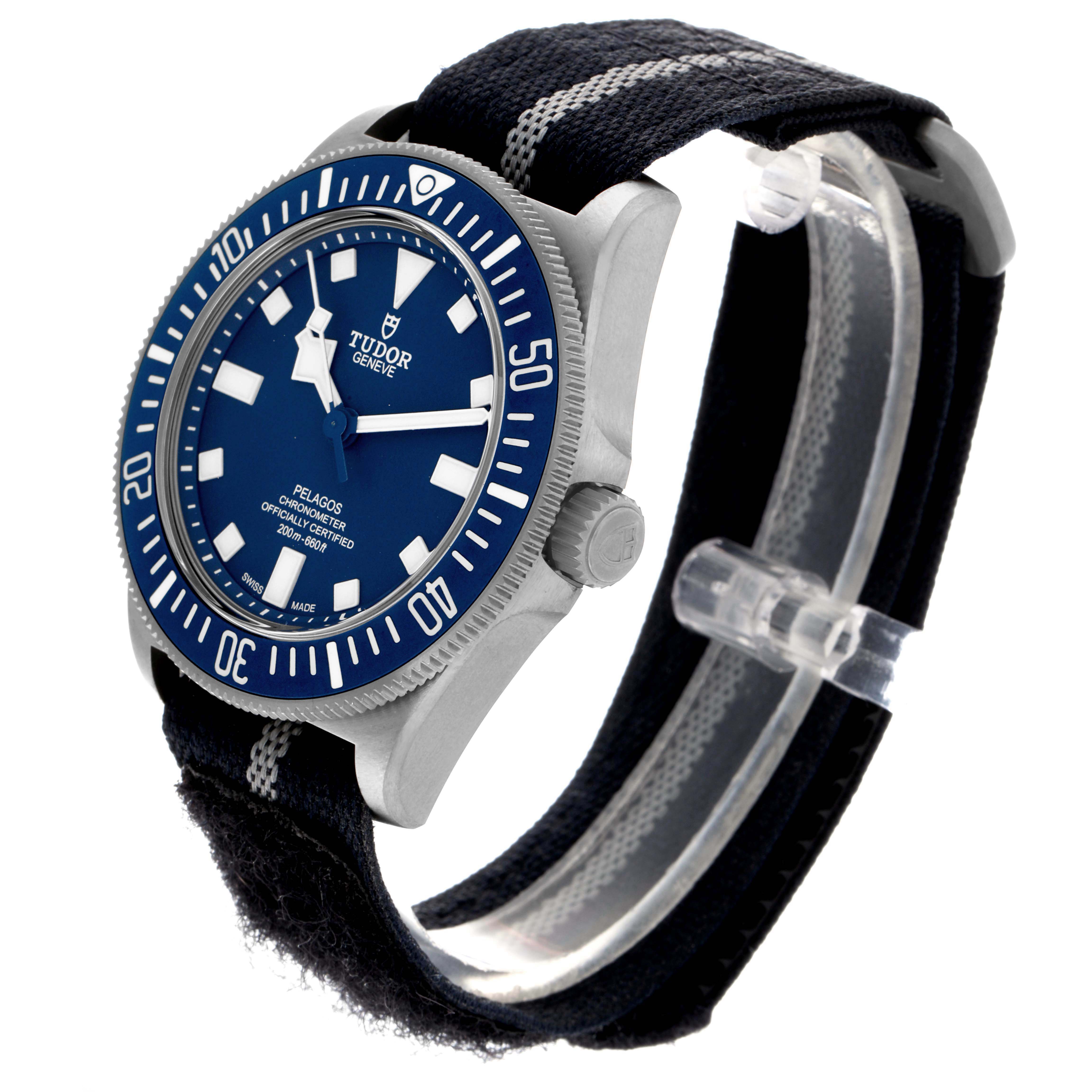 The Tudor Pelagos 25707B Men's Titanium Blue Dial 25707B Men's Titanium Blue Dial watch is shown at a three-quarter angle, highlighting the dial, bezel, crown, and strap.