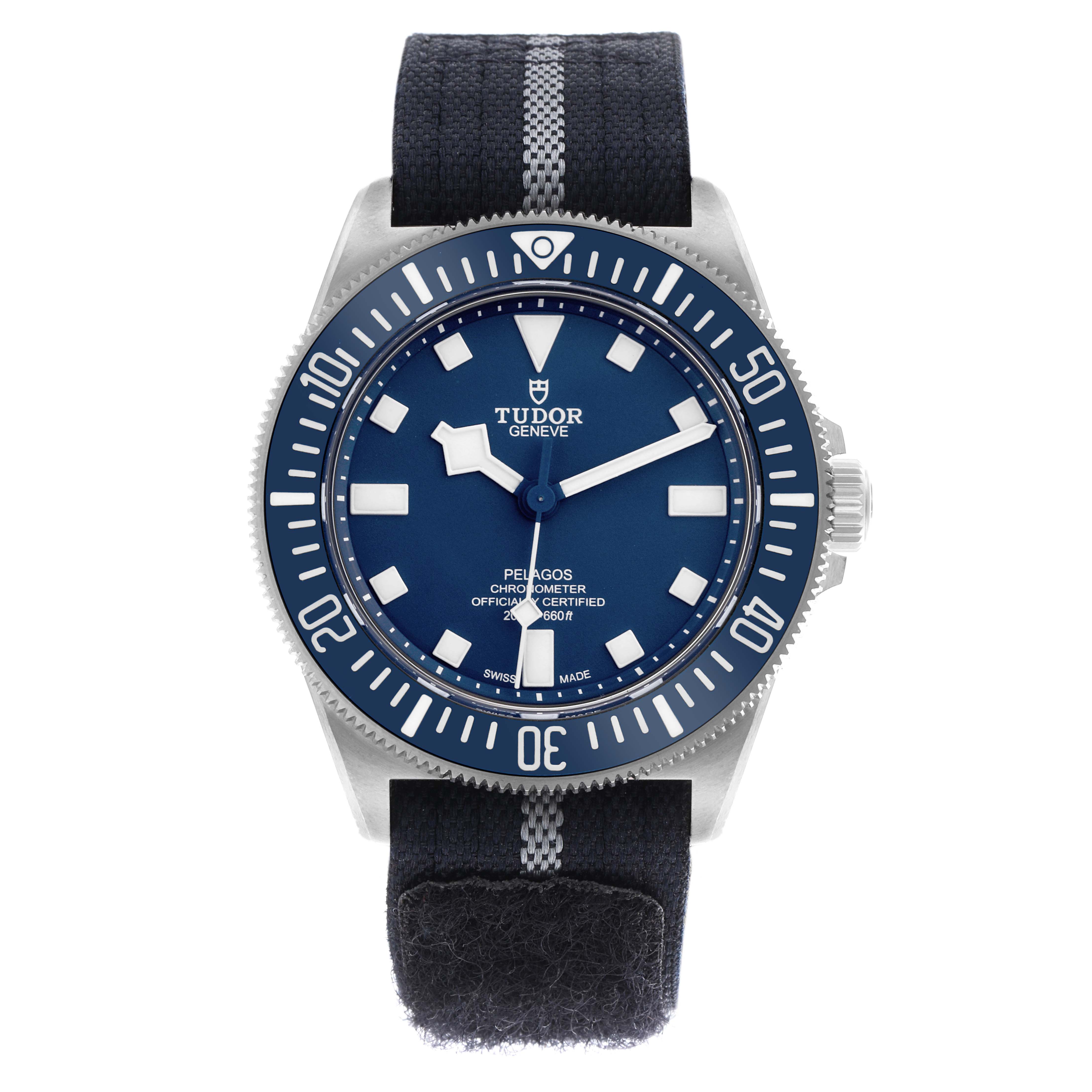 The Tudor Pelagos 25707B Men's Titanium Blue Dial 25707B Men's Titanium Blue Dial watch is shown from the front, displaying its dial, bezel, hands, and strap.
