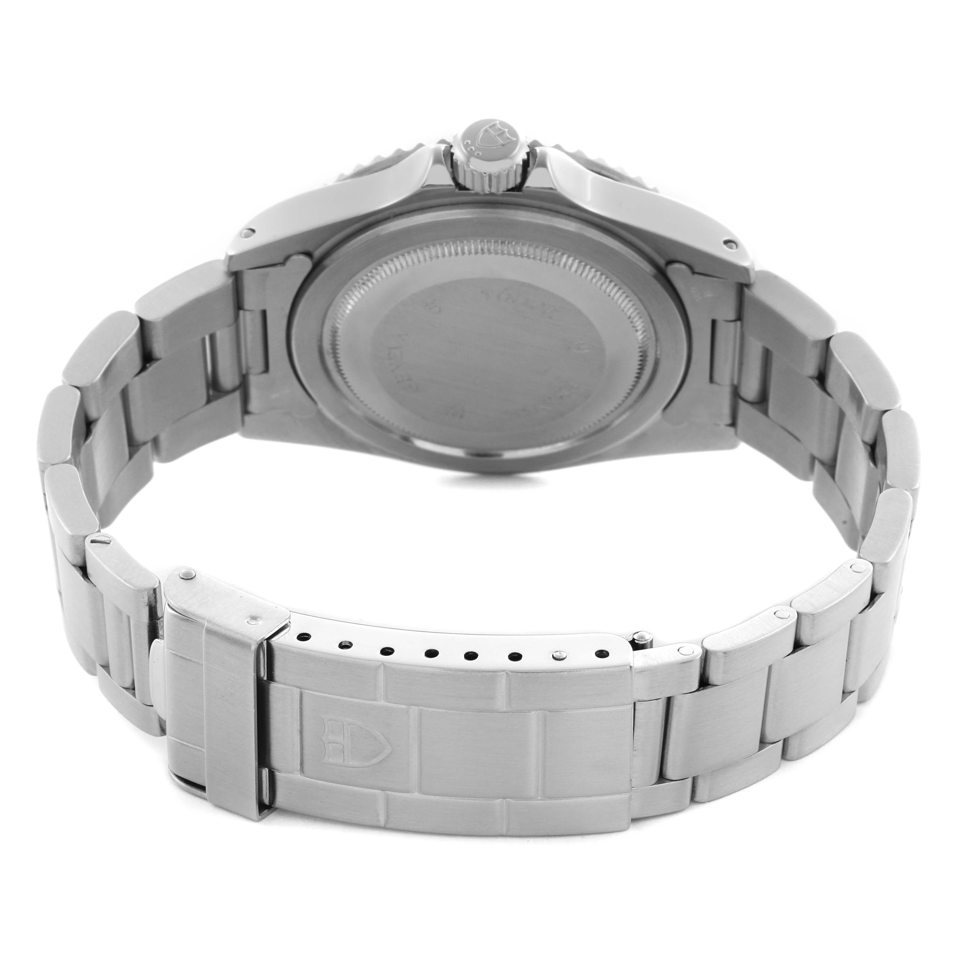 The image shows the case back, bracelet, and clasp of a Tudor Submariner 79190 Men's Stainless Steel Black Dial 79190 Men's Stainless Steel Black Dial watch from a rear angle.