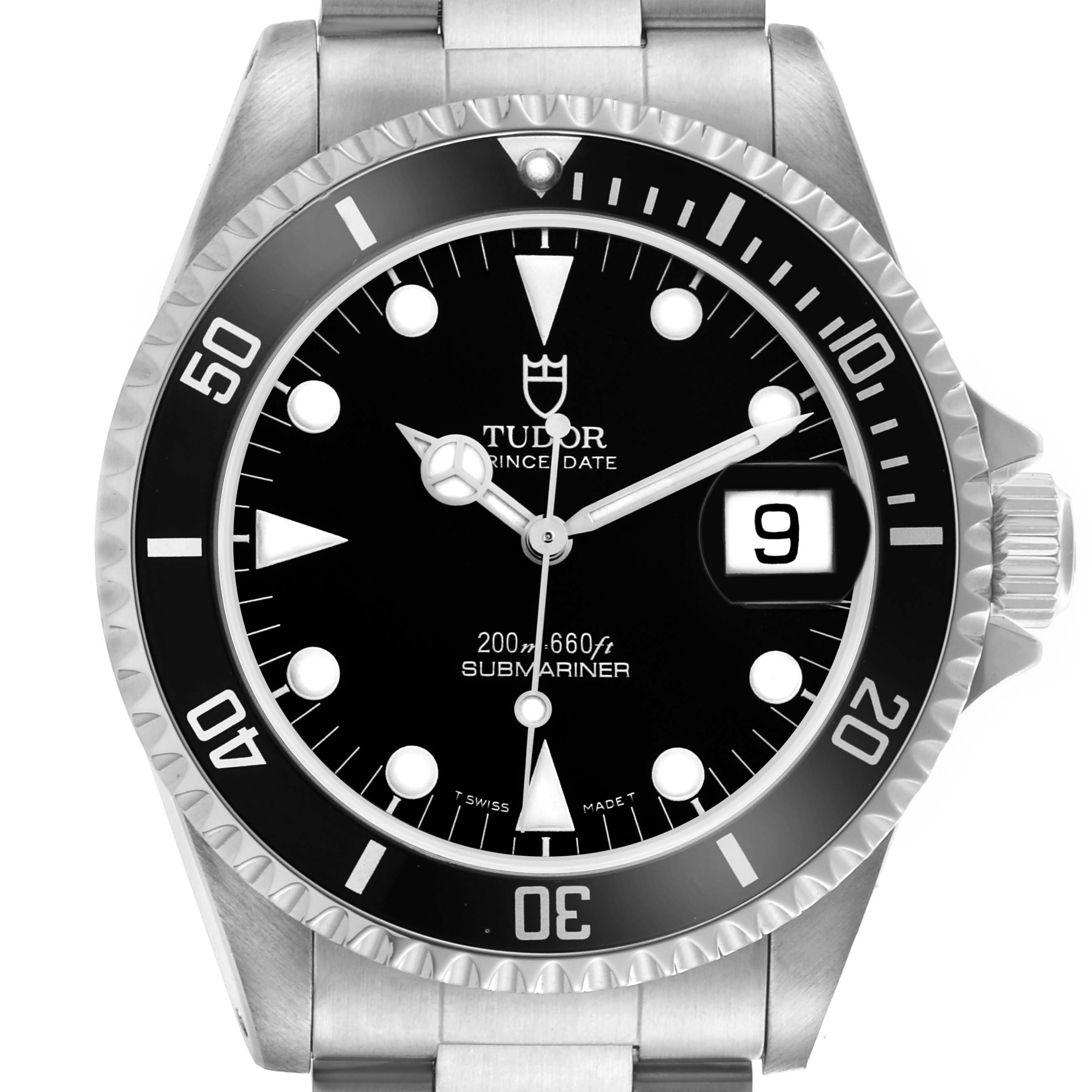 The image shows a Tudor Submariner 79190 Men's Stainless Steel Black Dial 79190 Men's Stainless Steel Black Dial watch from the front, highlighting the dial, bezel, crown, and bracelet.